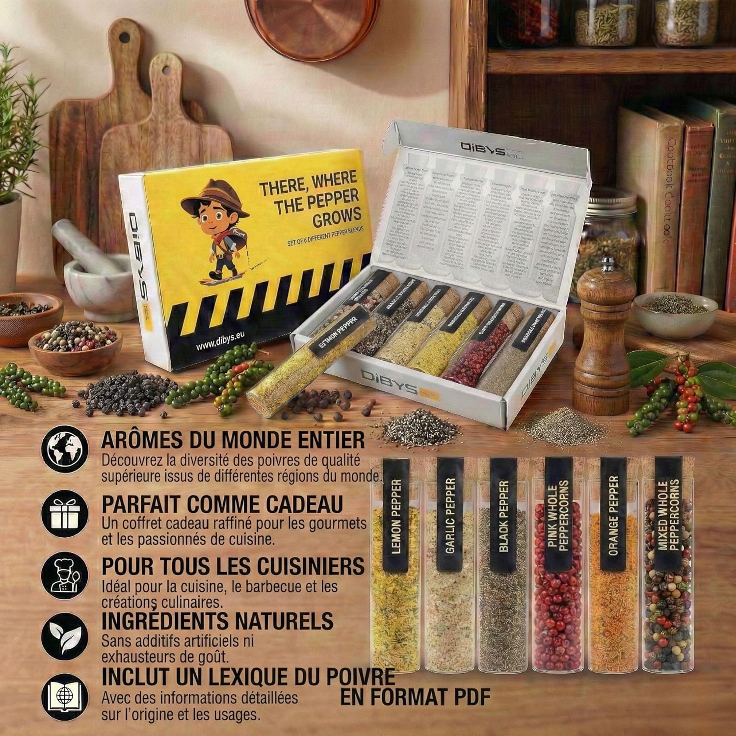Thumbnail 2 de Coffret DIBYS de 6 variétés de poivres en tubes à essai avec recettes