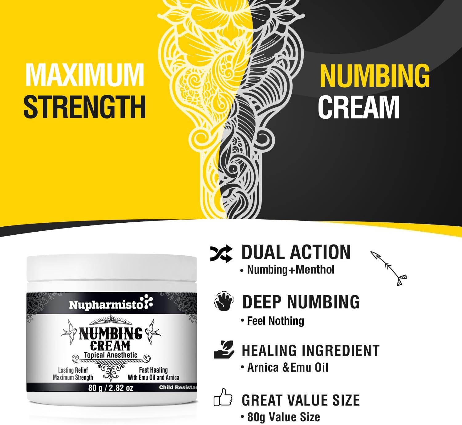 Detalle de Nupharmco 5% Lidocaine Numbing Cream, 80 g with Arnica & Emu Oil