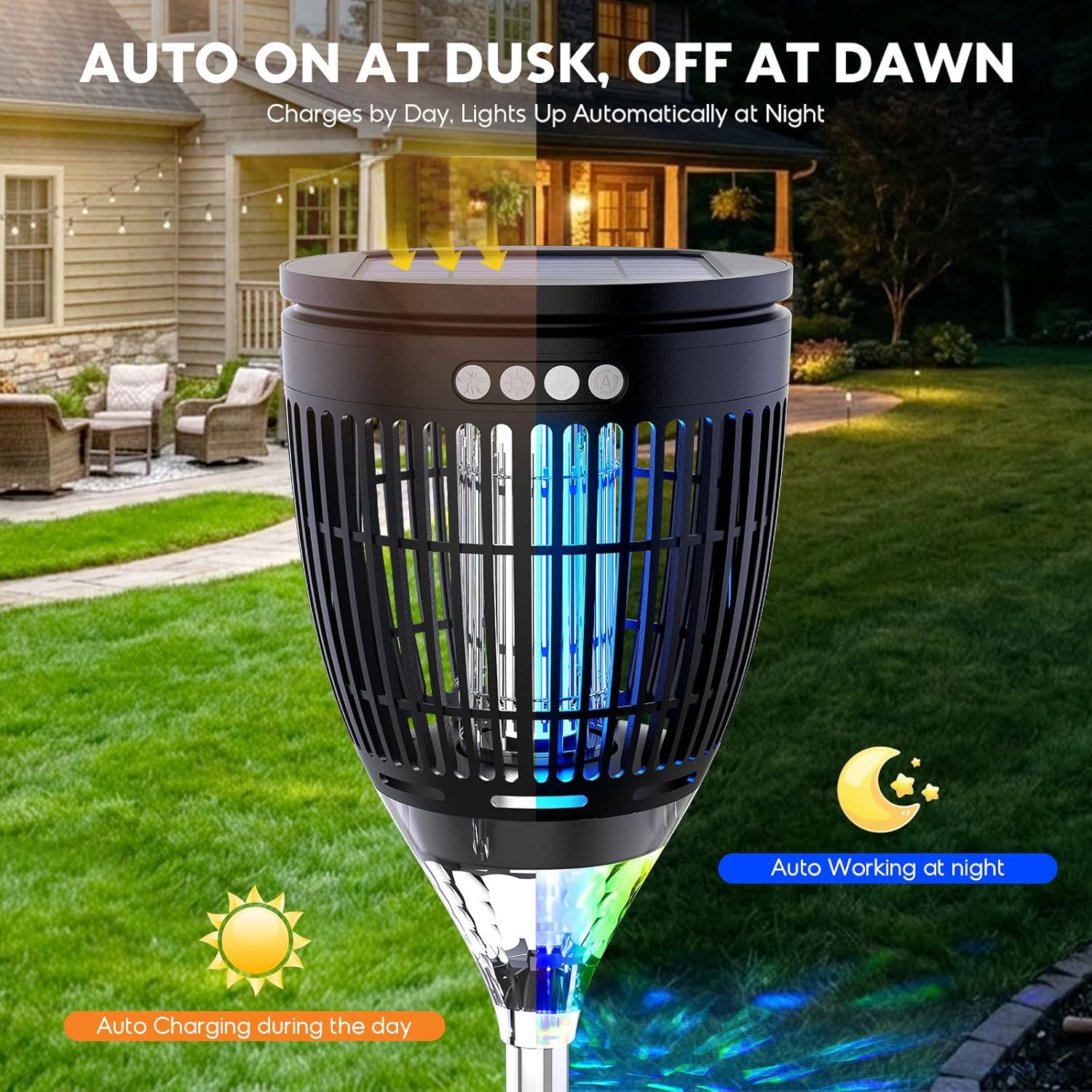 Thumbnail 5 de Solar Bug Zapper Outdoor: 4200V 3-in-1 Mosquito Zapper with Flame Light, RGB Projector, and Solar/USB Power