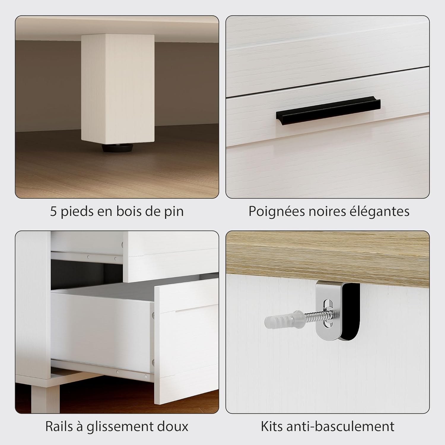 Detalle de HOMCOM Commode à 6 tiroirs en bois naturel et blanc – rangement élégant 120 x 38 x 71 cm