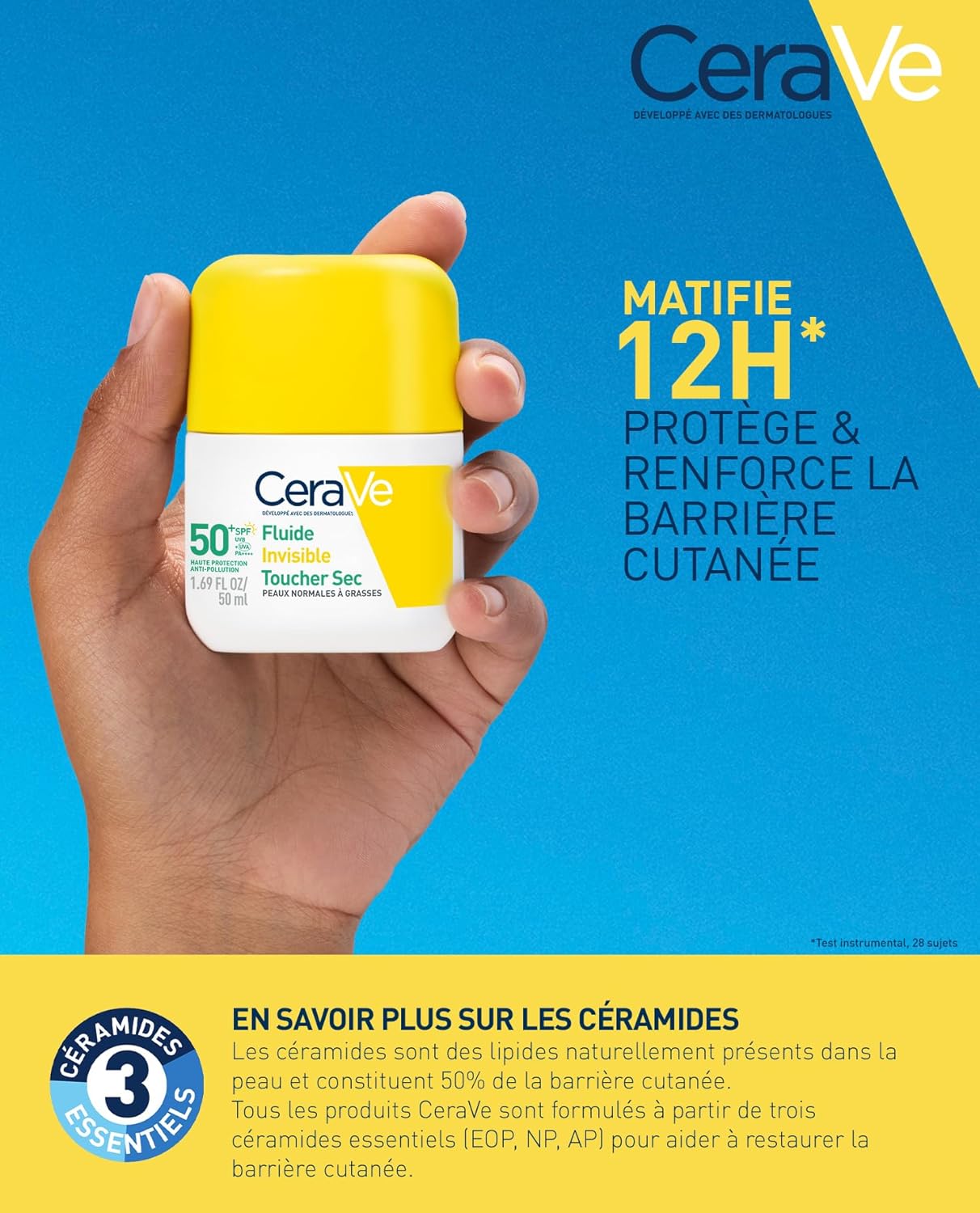 Detalle de CeraVe Fluide Invisible Toucher Sec SPF 50+ — Protection 12h et fini matifiant pour le visage