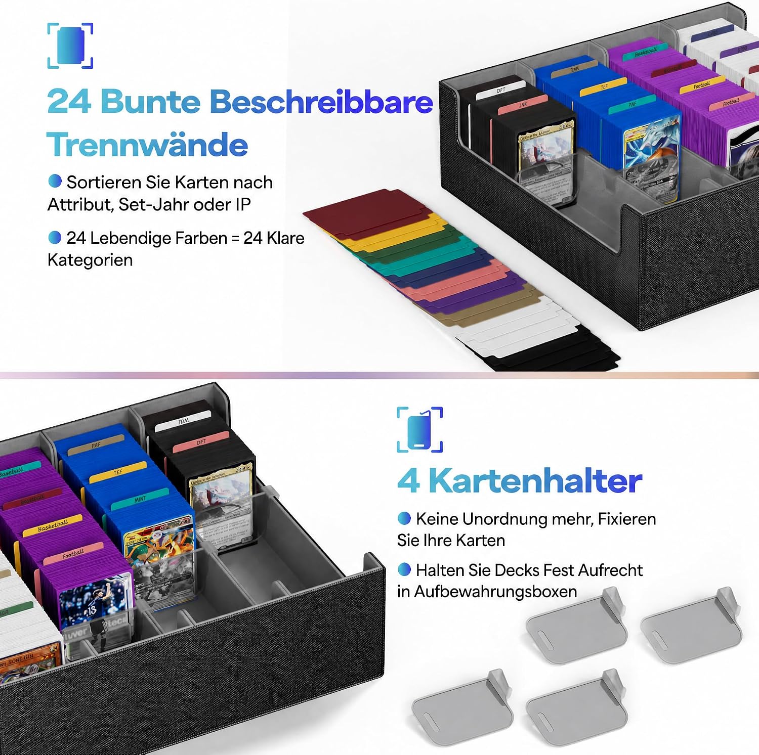 Detalle de UAONO Kartenaufbewahrungsbox für Trading Cards – 4‑Fach Deck Box mit 24 Trennwänden, passt MTG & Co.