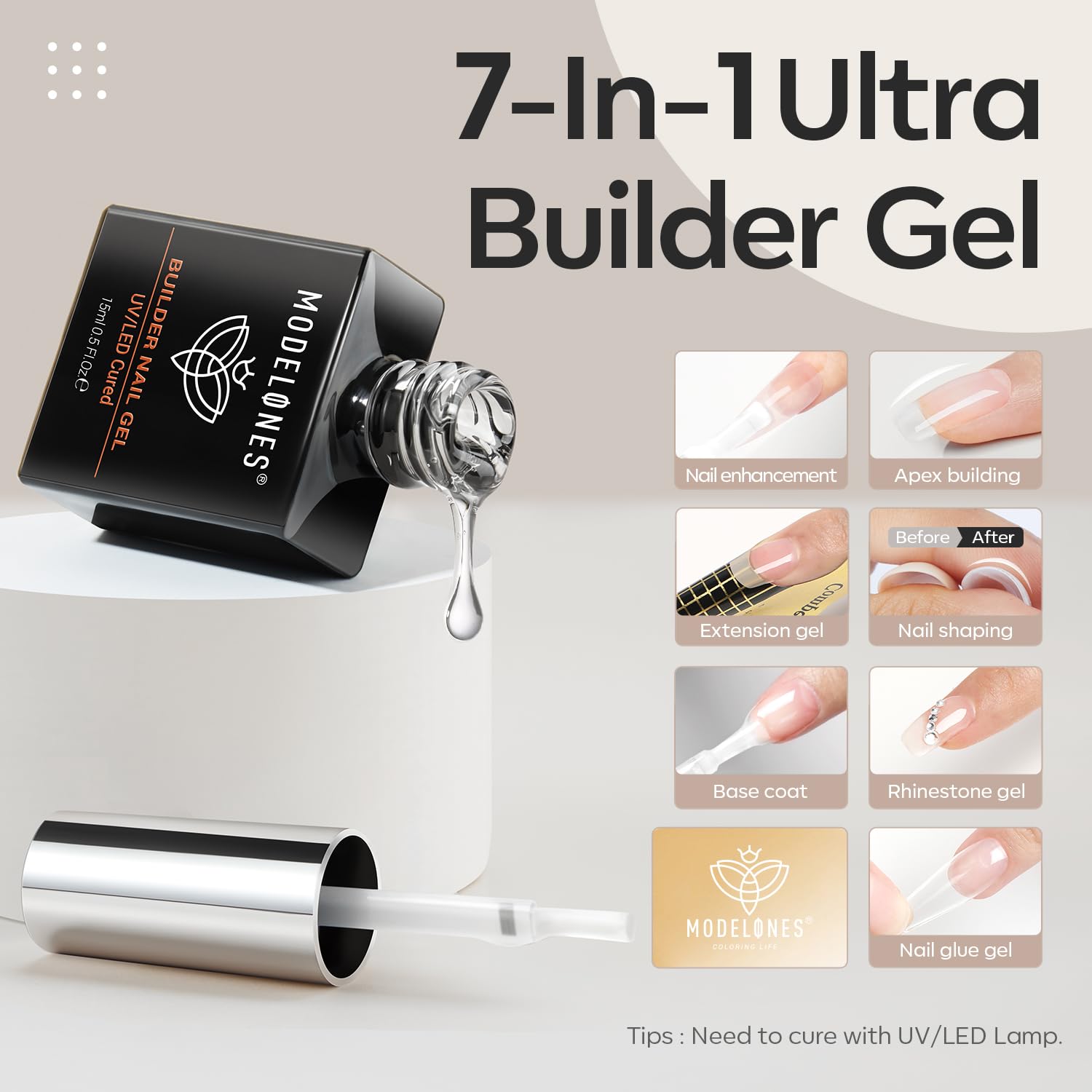 Thumbnail 1 de modelones Aufbaugel für Gelnägel 7 in One – Klar Builder Gel (15 ml) als Base Coat, Nail-Repair & Verlängerung
