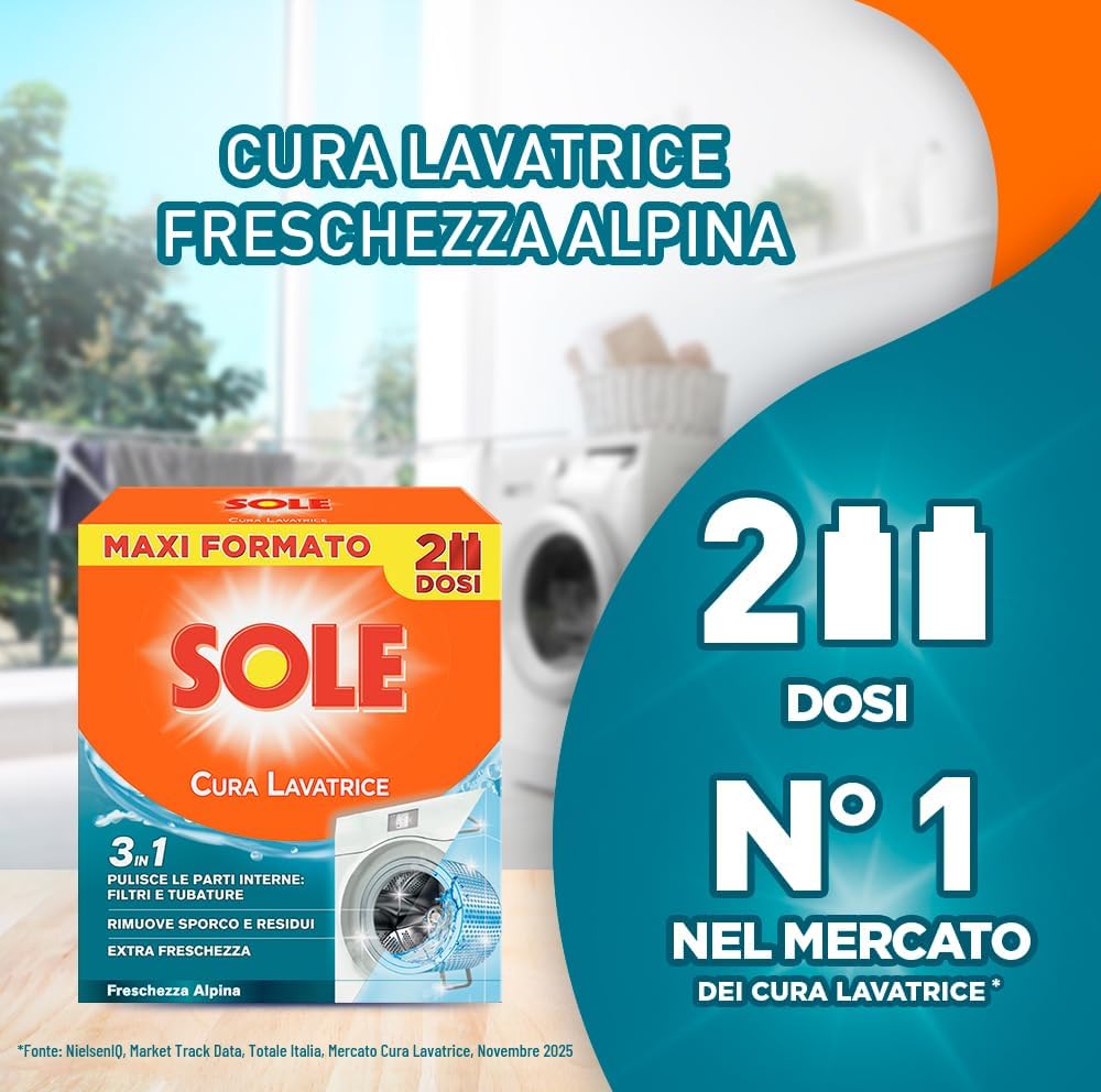 Detalle de Sole Cura Lavatrice Freschezza Alpina – Confezione da 2×250 ml: pulizia e profumo per la lavatrice