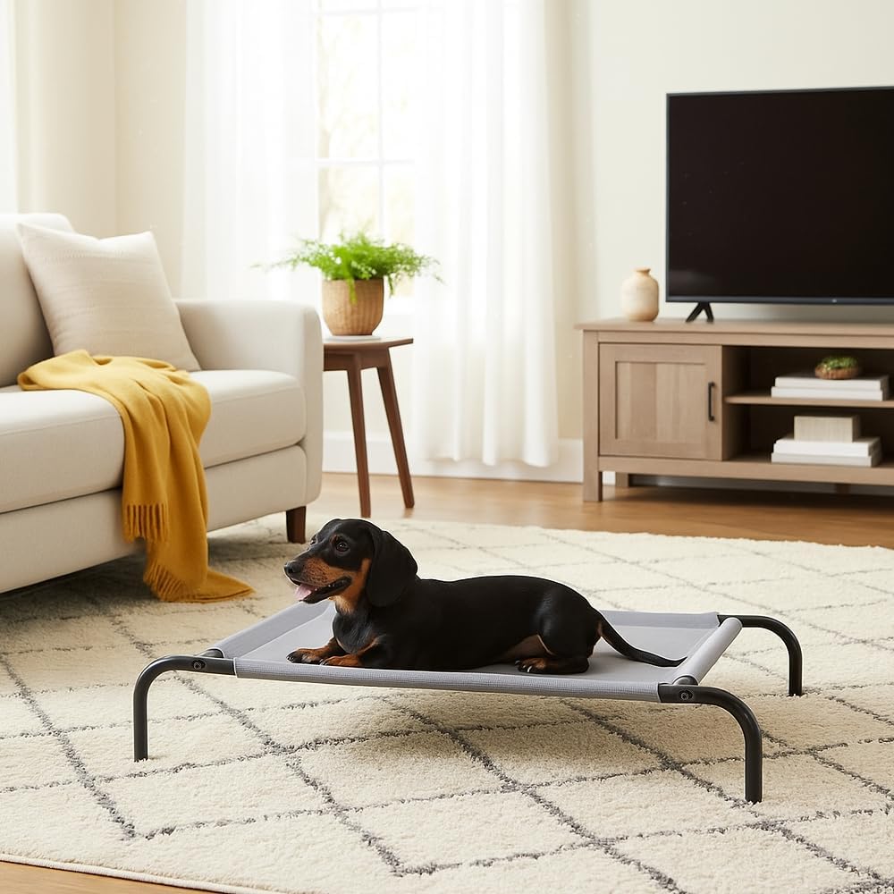 Detalle de Amazon Basics legowisko chłodzące dla psa S, metalowa rama, szare, 90,42 × 55,37 × 19,55 cm