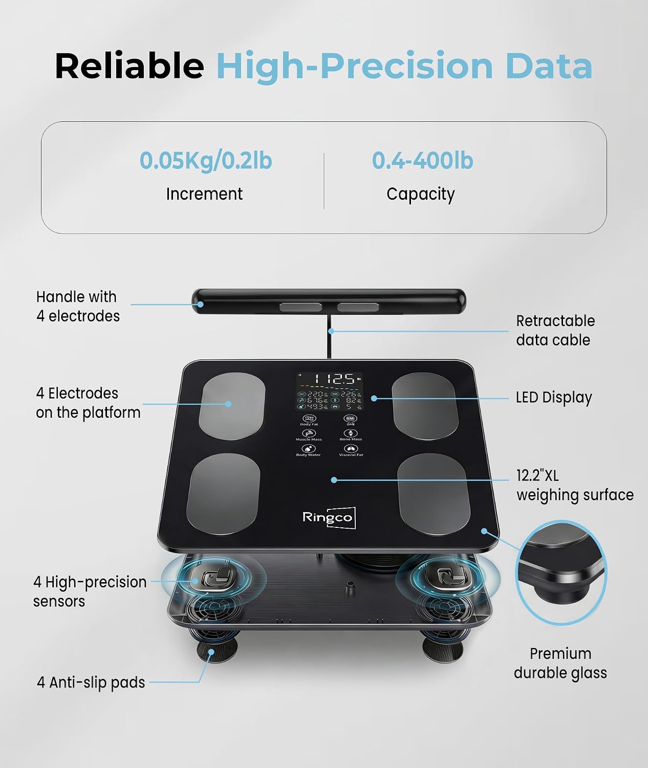 Detalle 1 de RINGCO CS10E Body Pod Smart Scale, 8-Electrode Analysis, 12.2-Inch Platform