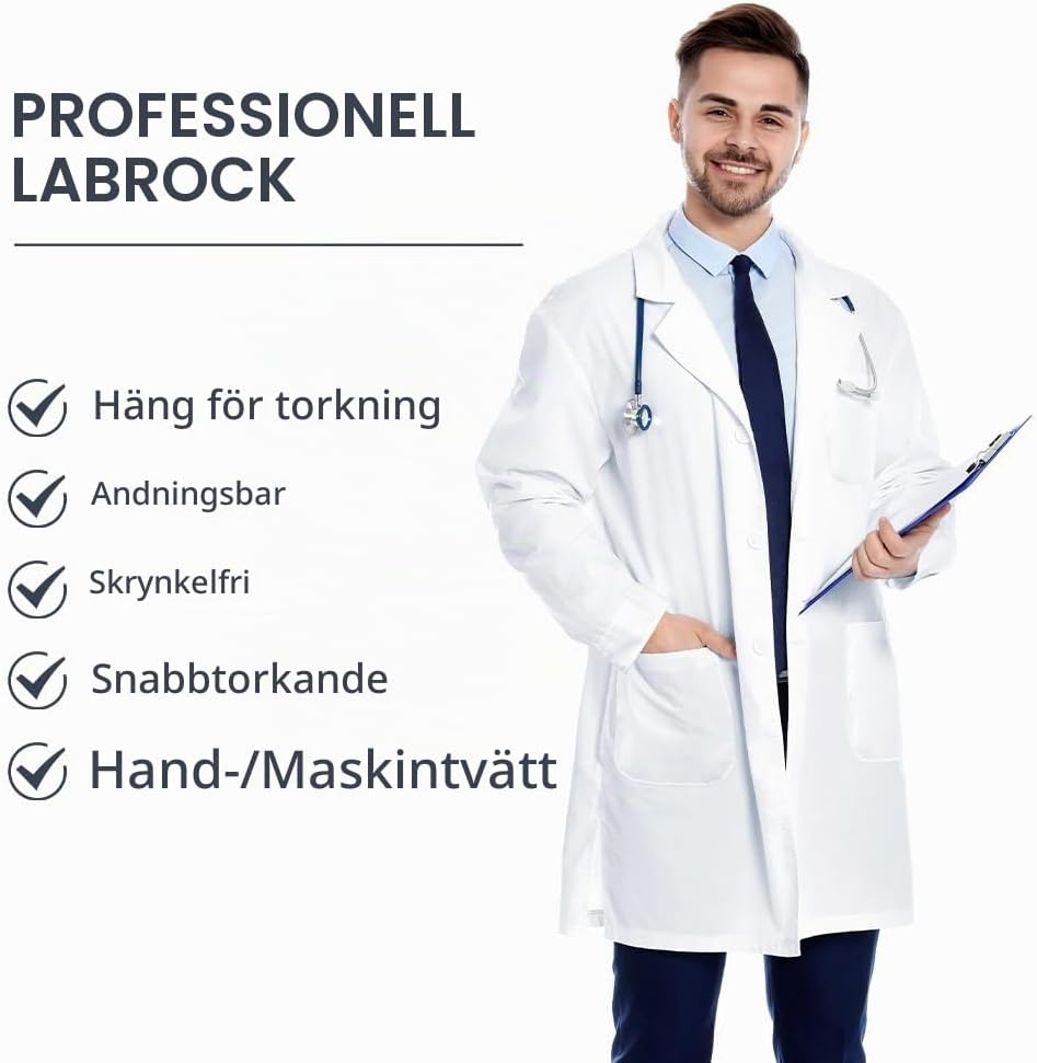 Detalle 2 de AUYAO labbrock för vuxna, unisex i vitt med tre fickor och knappmanschetter