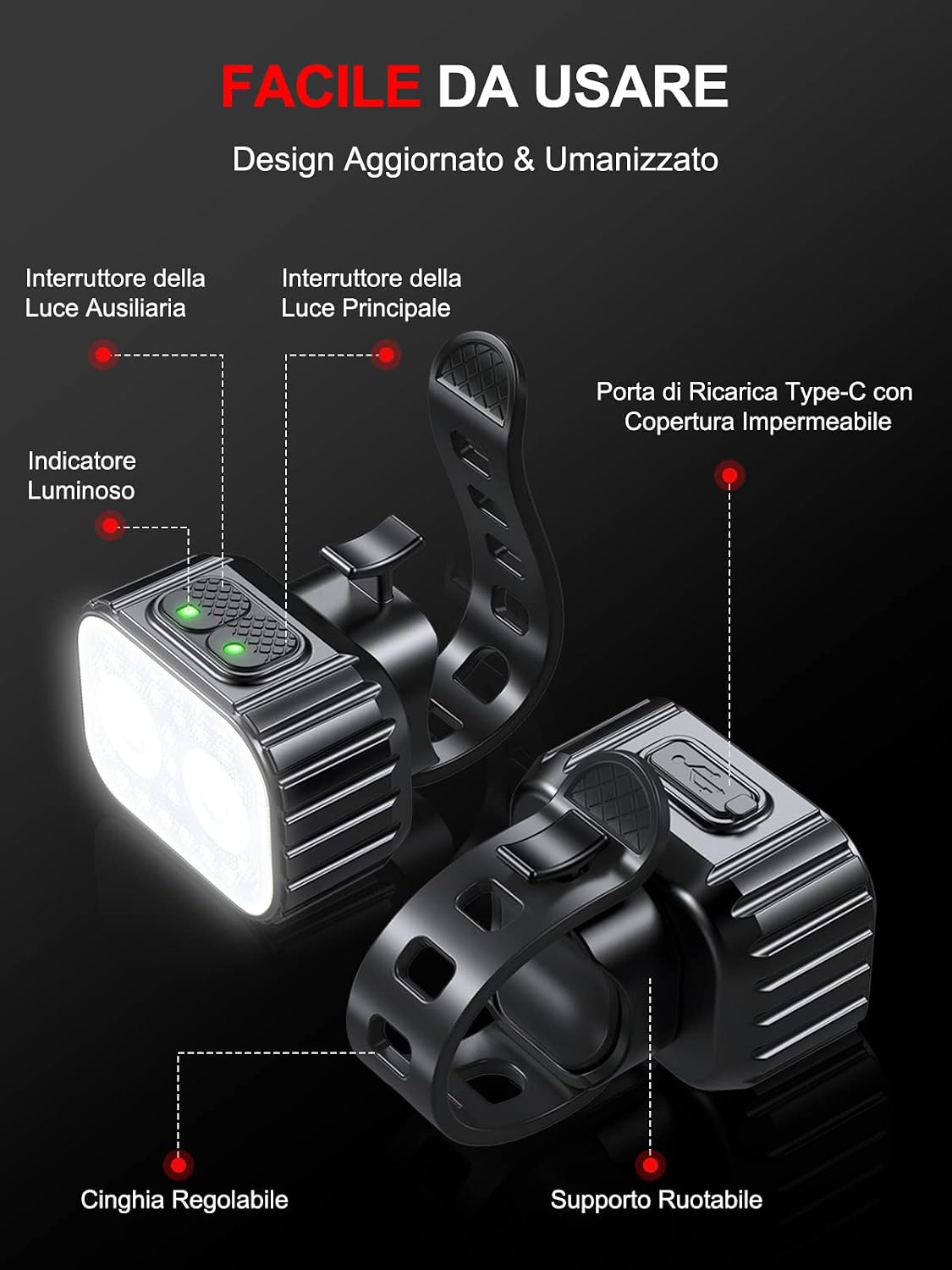 Detalle de CIRYCASE Luci bici anteriori e posteriori USB ricaricabile: illuminazione super luminosa, IPX6 e 8+12 modalità