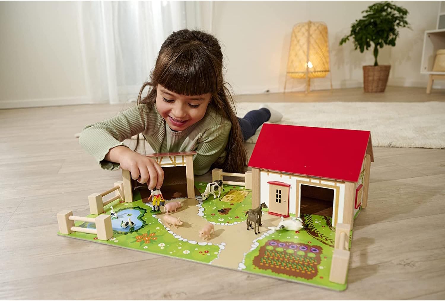 Detalle de Eichhorn Bauernhof 100004309 – Bauernhof-Spielset aus Buchenholz mit 2 Gebäuden, Tieren und Zäunen (20-teilig)