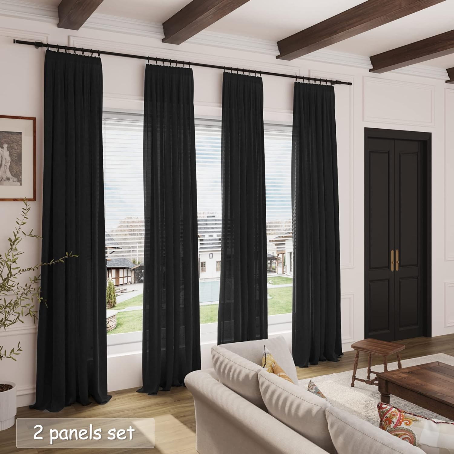 Thumbnail 6 de Black Linen Curtains 84 inches Long, 2 Panels – Back Tab, Light Filtering, Privacy, Linen Blend Gauze Drapes