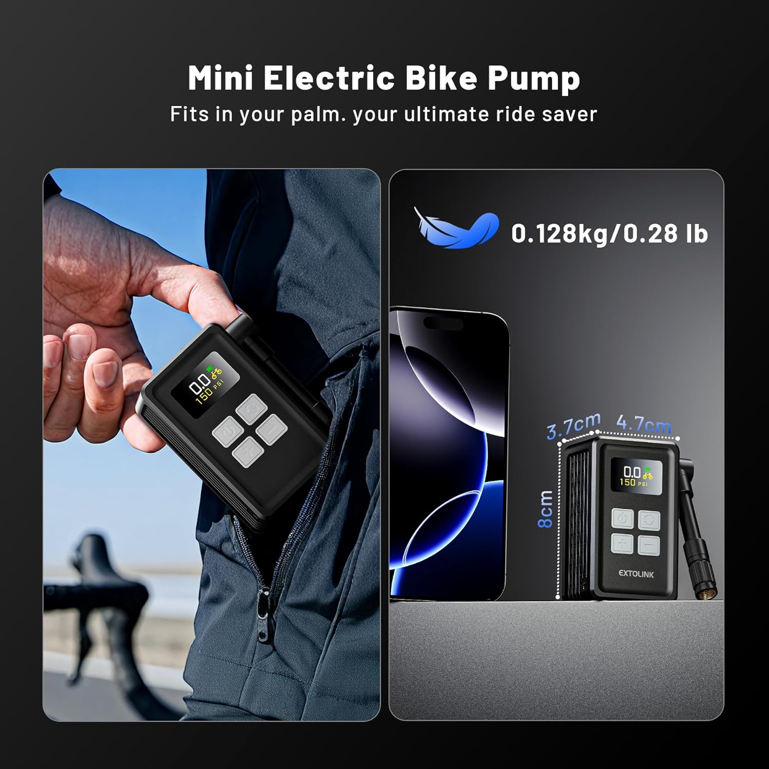 Thumbnail 3 de EXTOLINK Mini pompe vélo électrique 150 PSI avec manomètre numérique et arrêt automatique