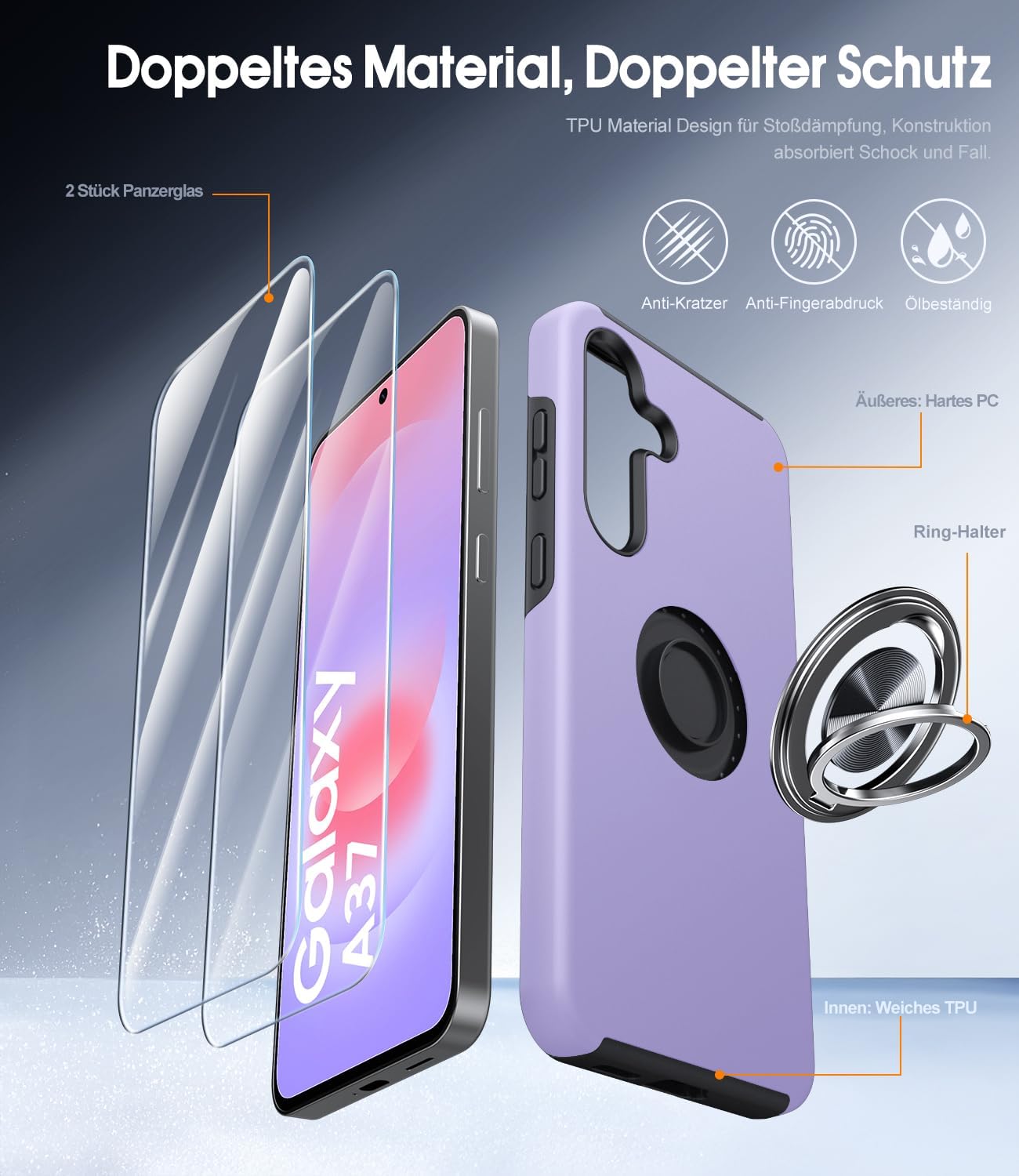 Detalle 2 de AOUIA Hülle für Samsung Galaxy A37 5G (Veilchen) mit 2x Panzerglas – 3-in-1 Set