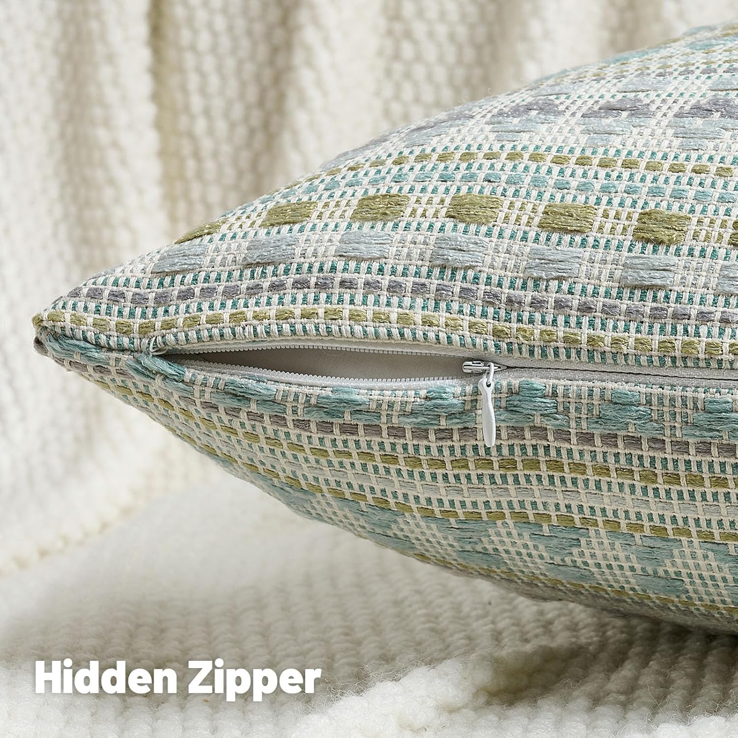Thumbnail 2 de Ystyle Housse de coussin 45x45 (lot de 2) en chenille à rayures champêtre, bleu-vert