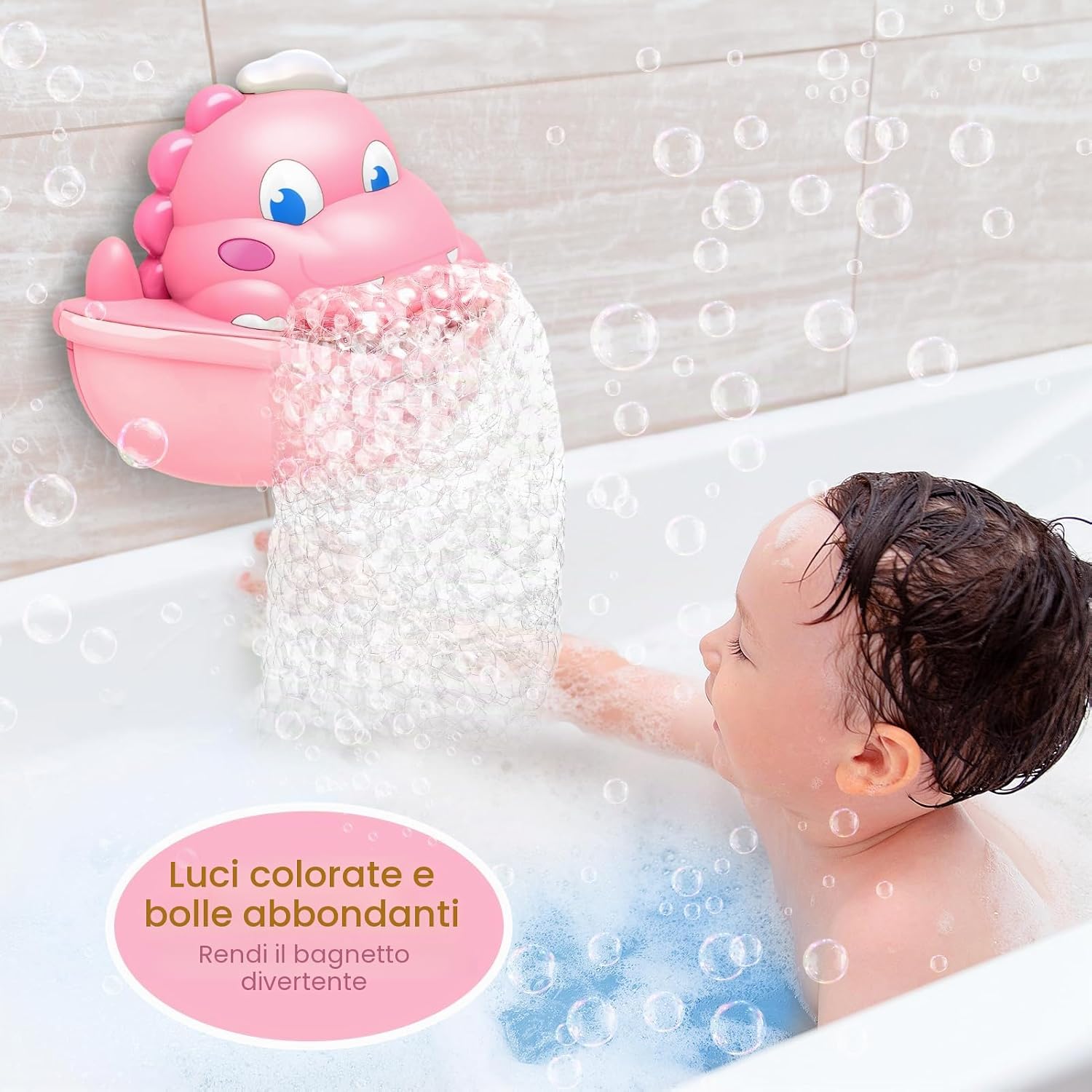 Detalle 2 de Adeokay Dinosauro: Macchina per bolle per vasca con luci LED rosa, 250 ml, giocattolo sicuro per bambini 1–4 anni