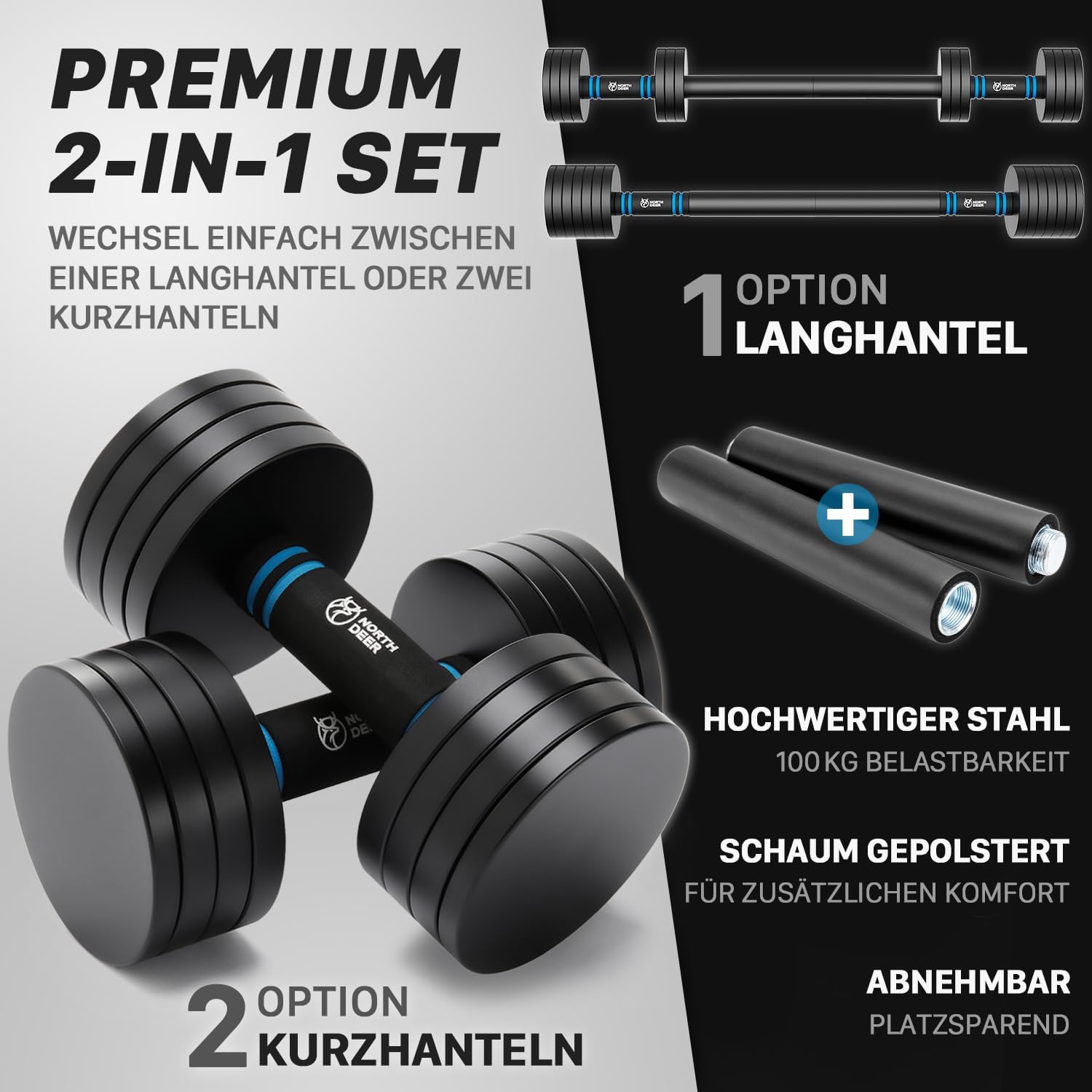 Detalle 2 de Northdeer 2in1 Set Verstellbar Stahl Kurzhanteln & Langhantel – 10 kg, 2er Set