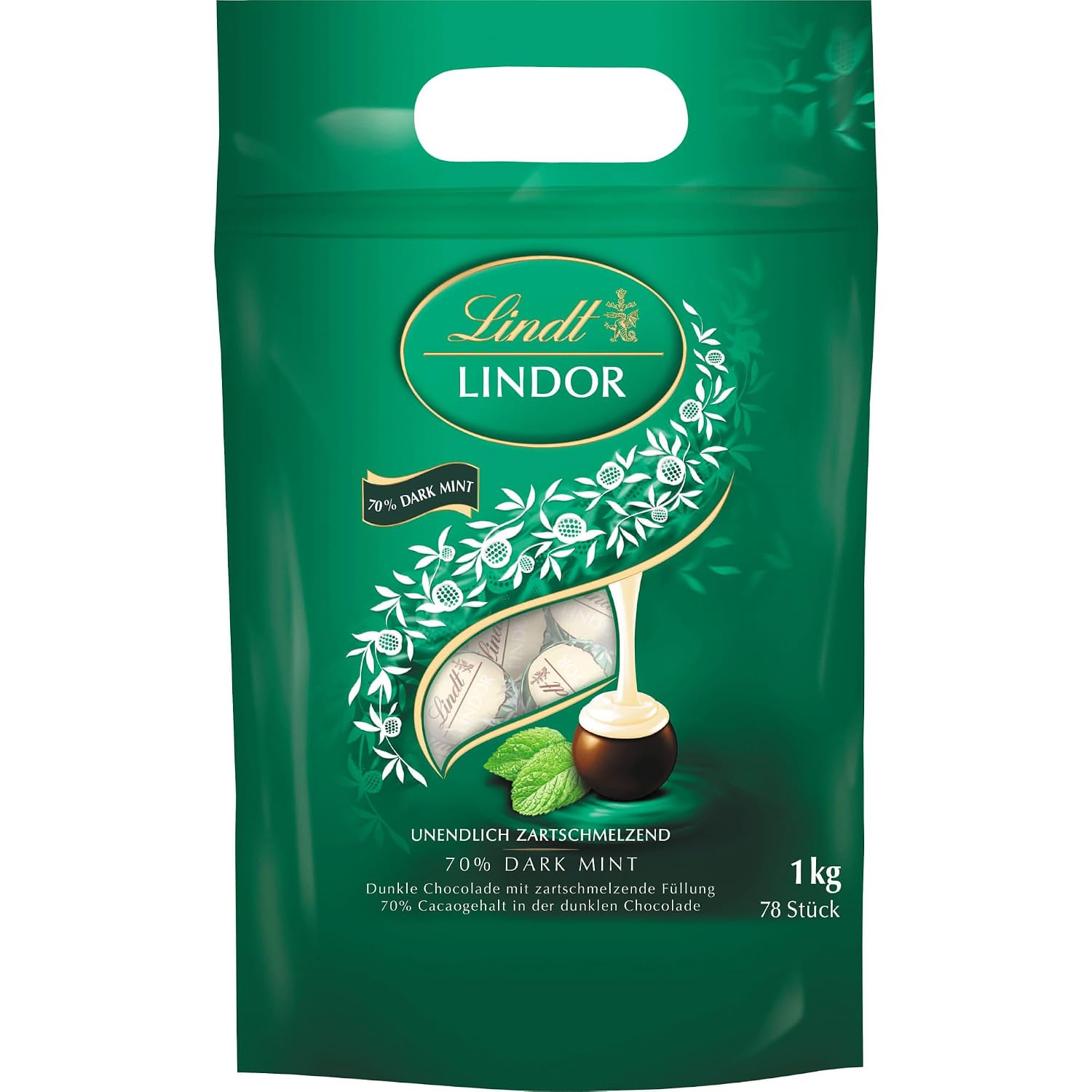 Detalle de Lindt Lindor Dark Mint Beutel 1kg – 80 Kügelchen mit zart schmelzender Minze-Füllung