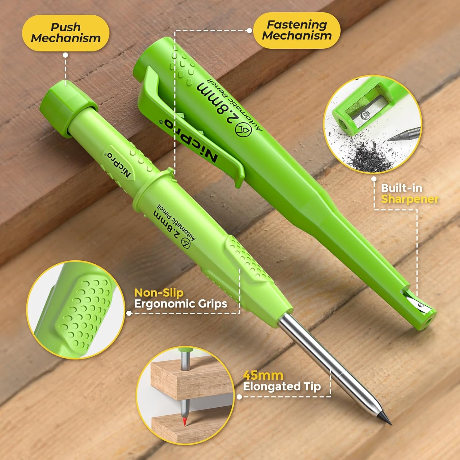 Thumbnail 1 de Nicpro CP3000 Carpenter Pencil with Sharpener & 19 x 2.8 mm Refills (Green) with Deep-Hole Marker Tip