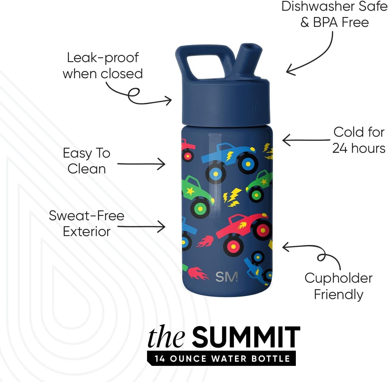 Thumbnail 1 de Simple Modern Kids Summit Leakproof Straw Lid Water Bottle (14oz) for School, Monster Truck Rally