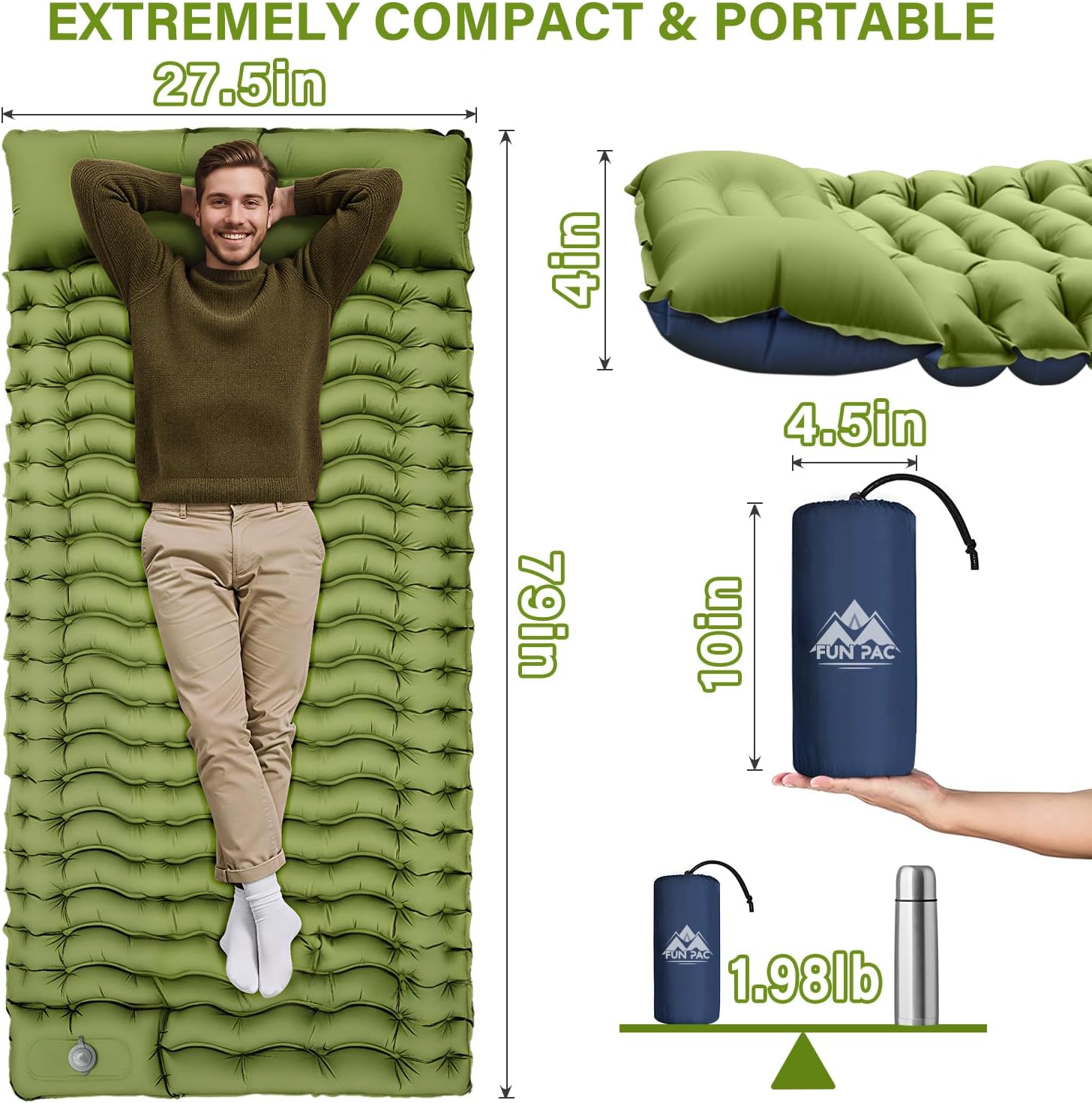 Thumbnail 3 de FUN PAC Camping Sleeping Pad (Self-Inflating) w/ Built-in Foot Pump and Pillow, Single, Green