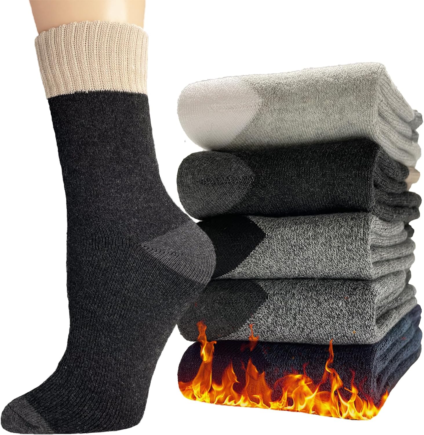 Detalle de Josnown Men's Thermal Wool-Blend Socks, 5 Pairs with Full Terry Cushion