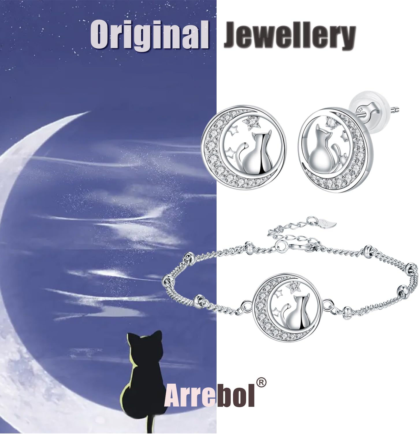 Thumbnail 6 de Arrebol Boucles d'oreilles Femme Argent Sterling 925 avec Zirconium — Chaton lune, cadeau raffiné