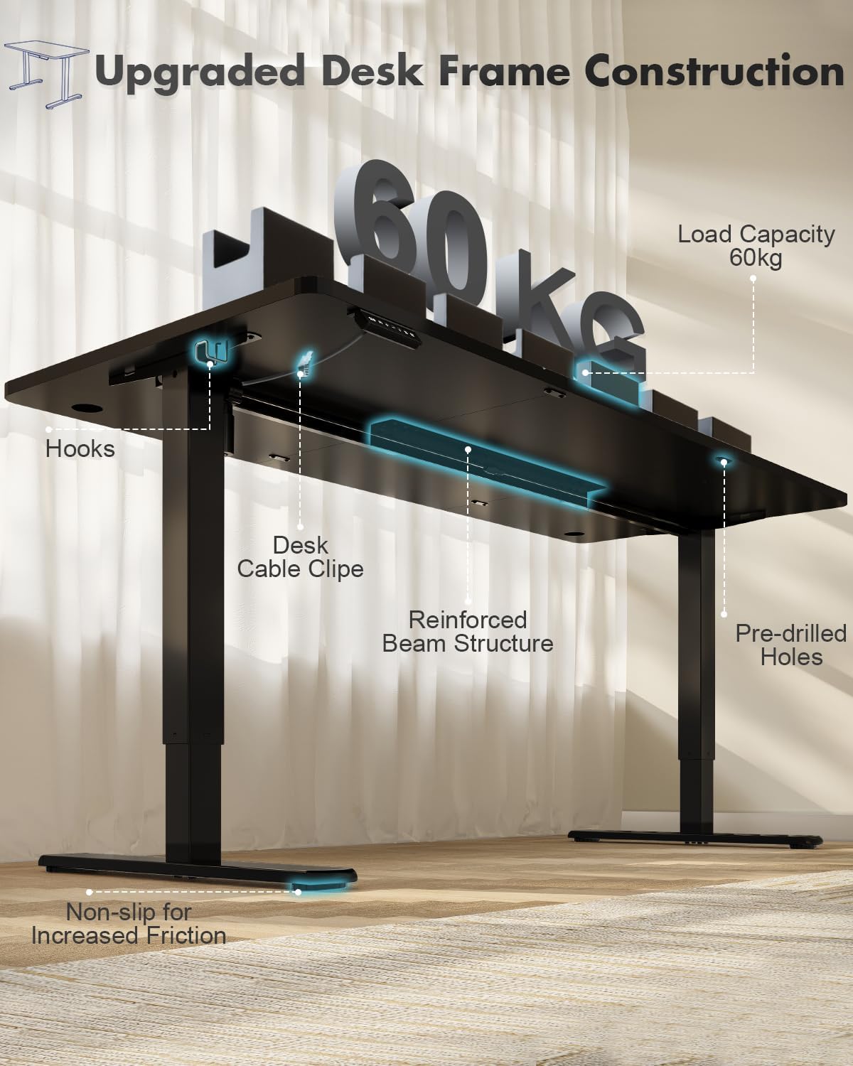 Detalle 2 de JUMMICO Escritorio Elevable Eléctrico con Cargador USB 🖥