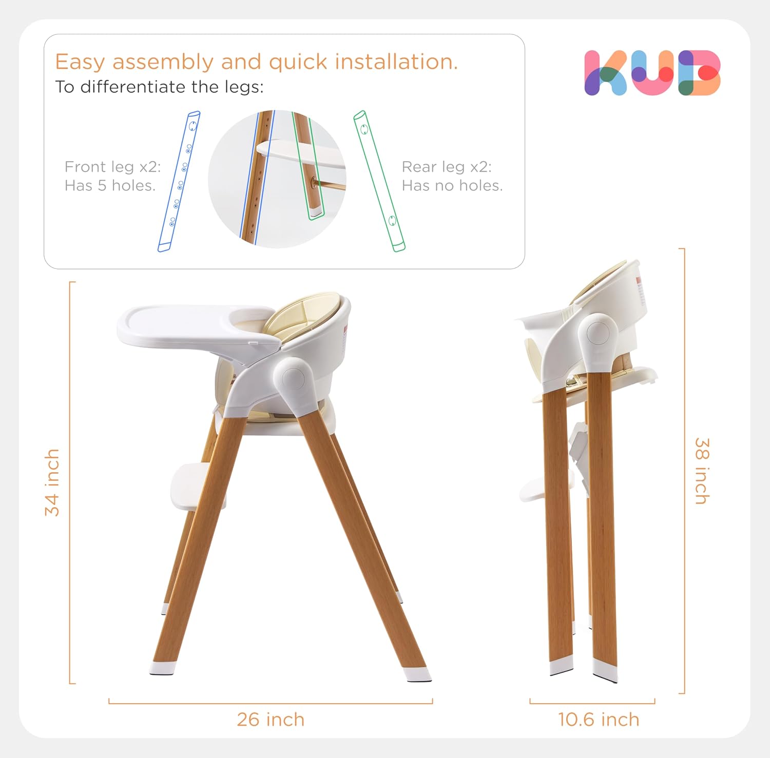 Thumbnail 6 de KUB Foldable Baby High Chair, White with Wood-Print Metal Frame