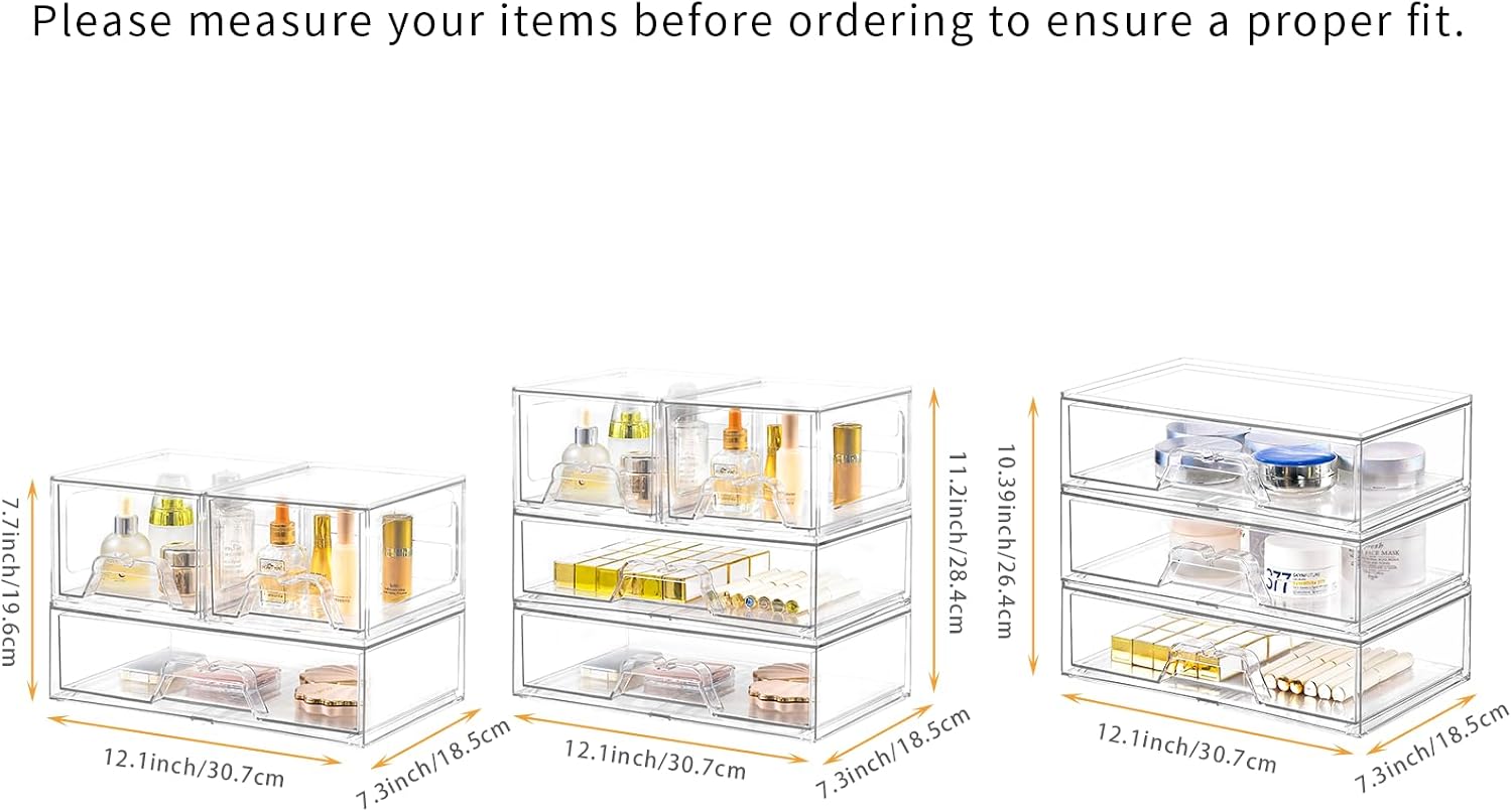 Detalle 2 de Stebopum 3Pack Stackable Plastic Storage Drawers – Clear Acrylic Makeup Organiser