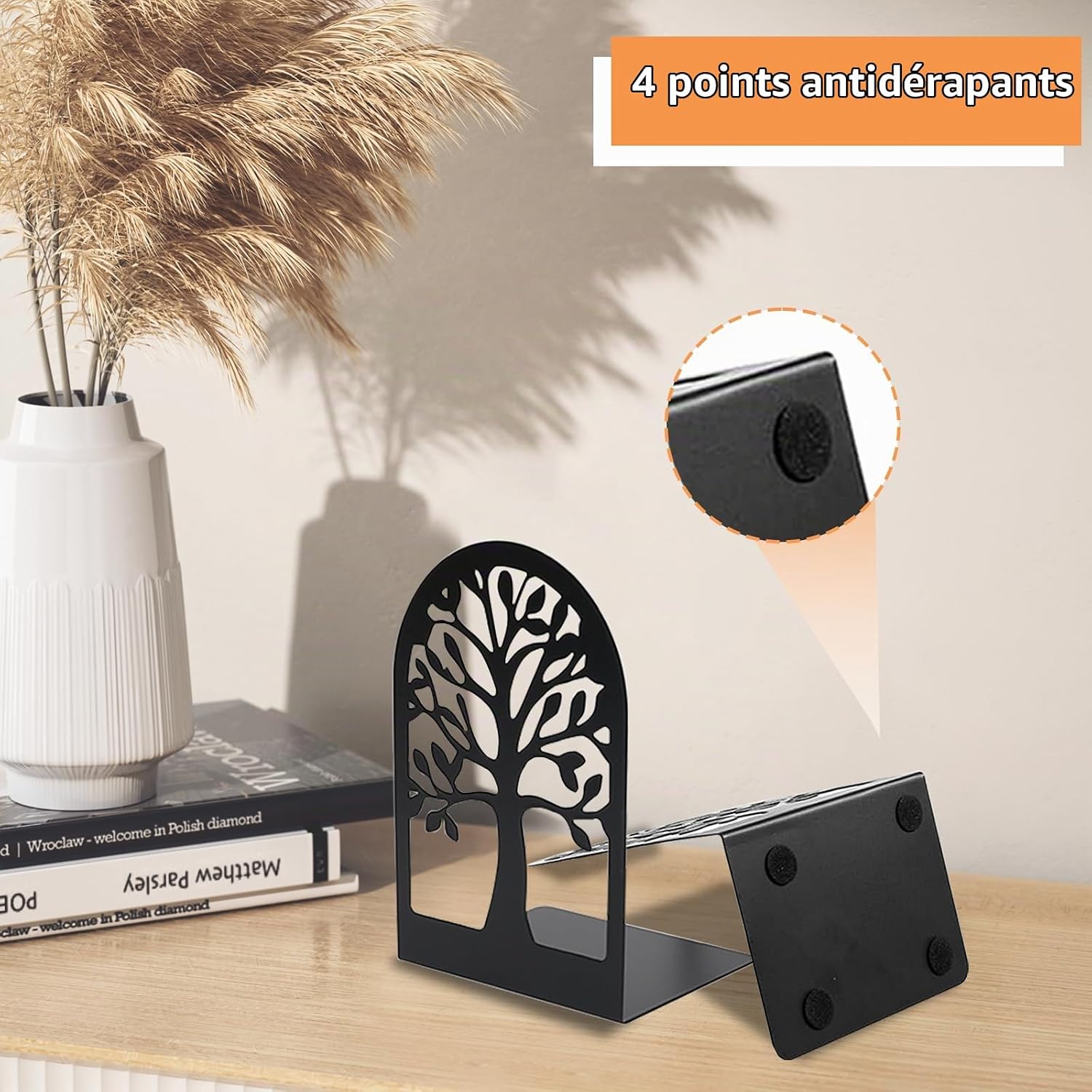 Thumbnail 3 de APKOL 001 metalen boekensteunen, zwart met boommotief en antislip