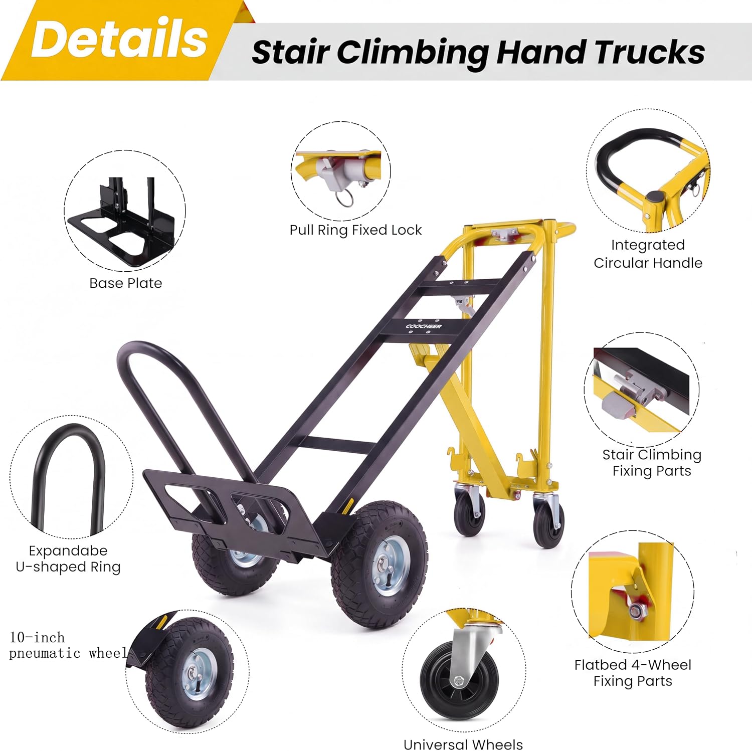 Thumbnail 4 de COOCHEER 4-in-1 Convertible Hand Truck Dolly, 1,000 lb Capacity, 10-Inch Tires