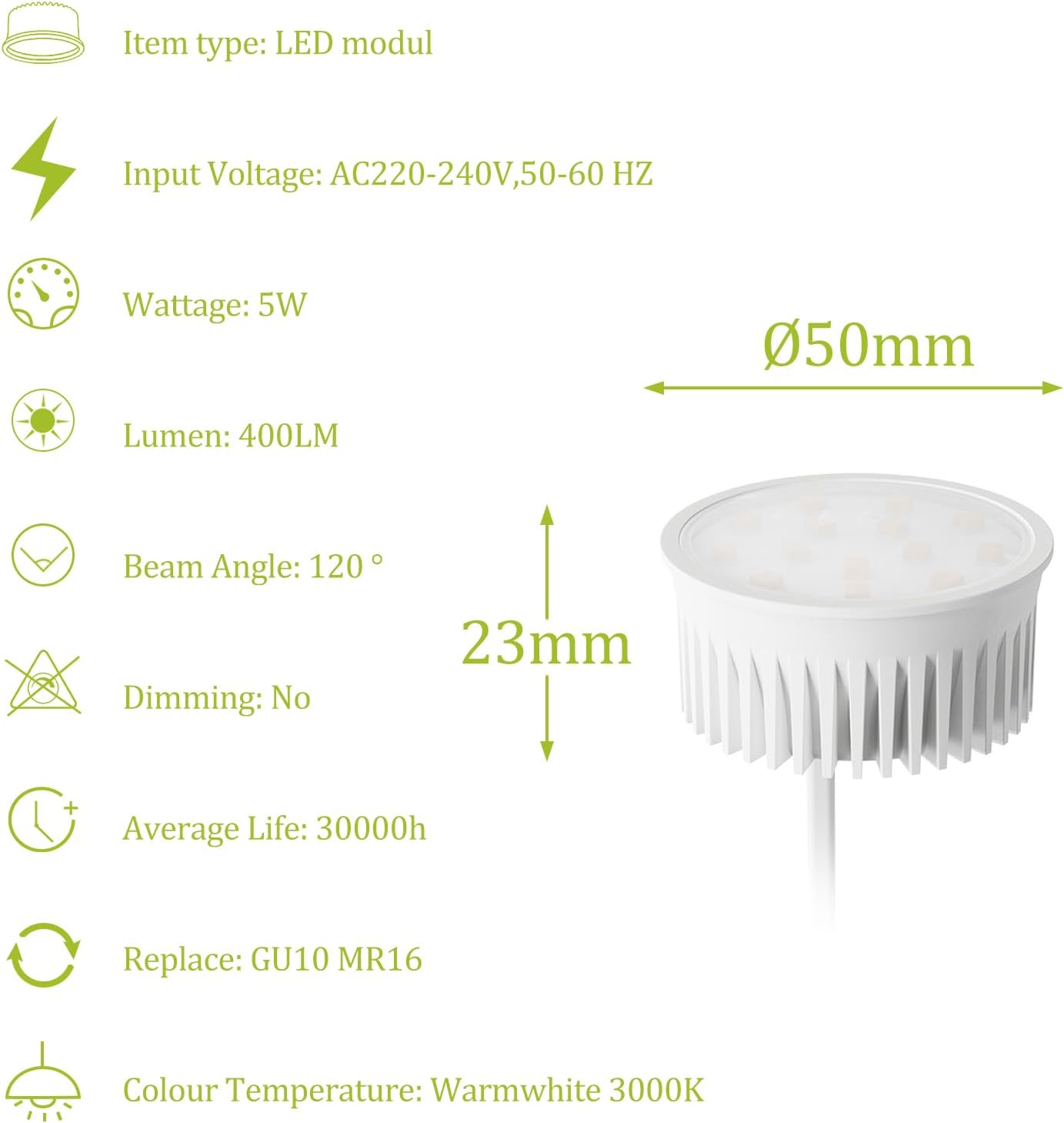 Detalle de KYOTECH 6er Set LED Modul Warmweiß 3000K, 50 mm, 5 W, 230 V (Ultra flach, für GU10 & MR16) – 400 lm, 120°