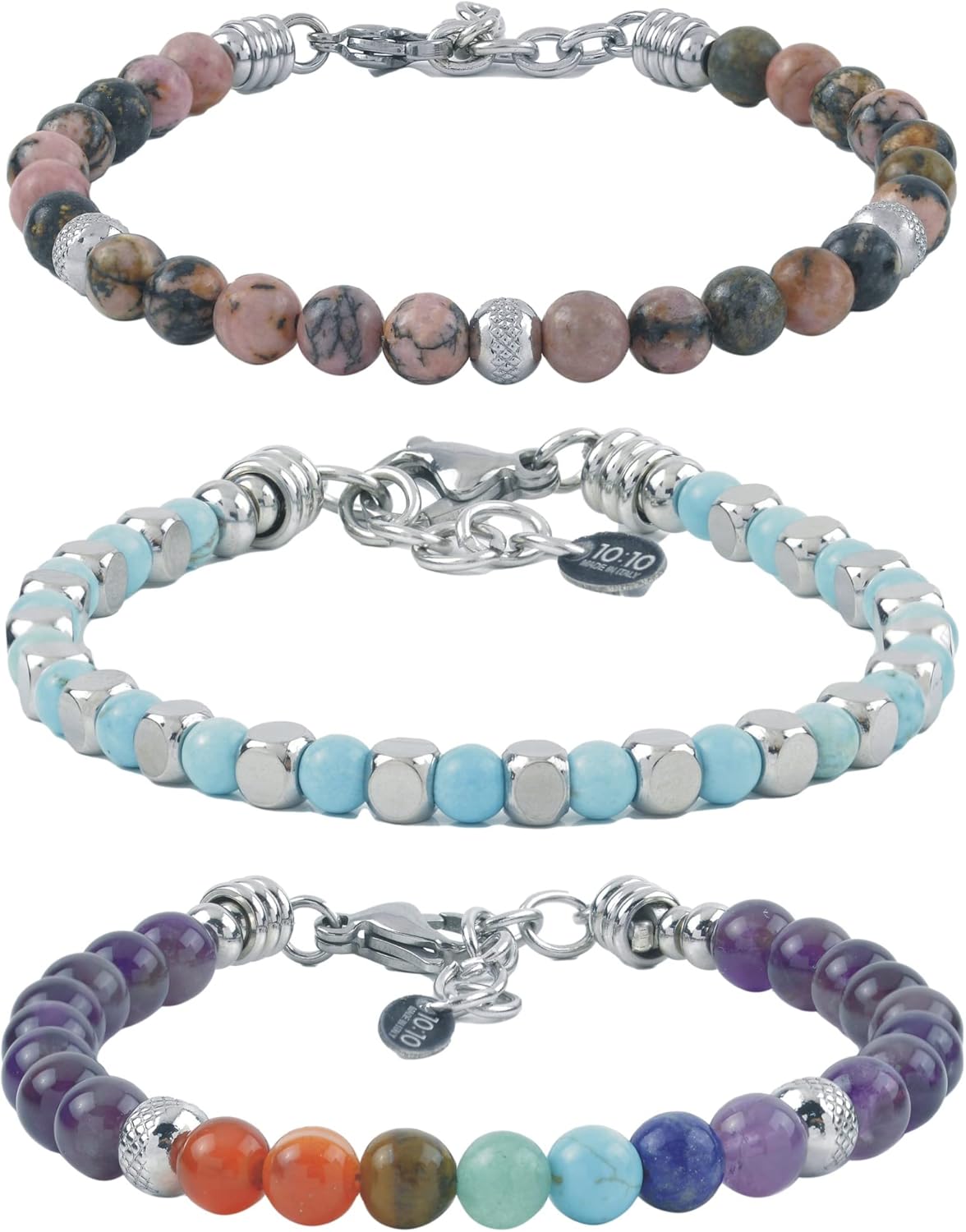 Detalle de Set di 3 Bracciali in acciaio inox e pietre dure naturali – Made in Italy, regolabili
