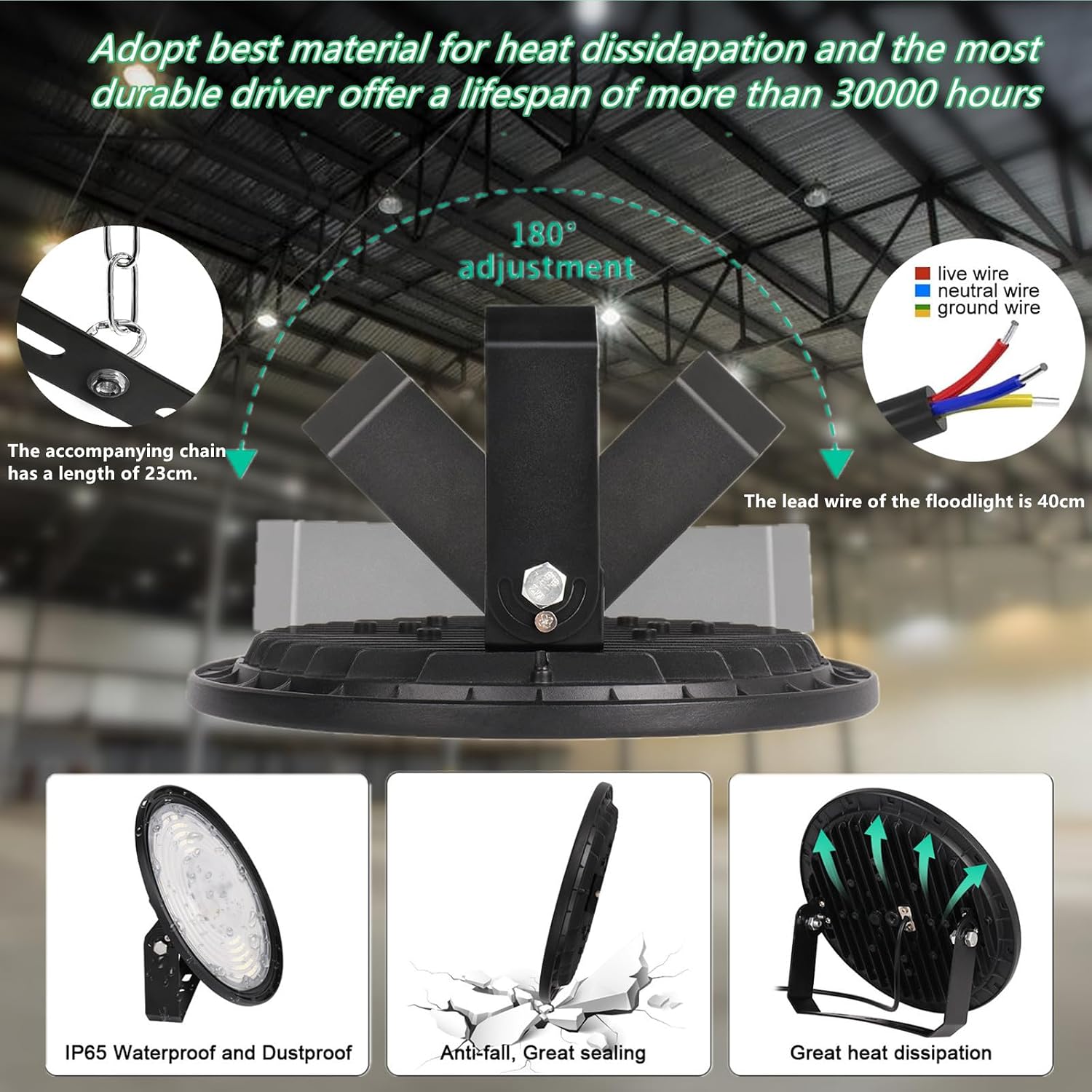 Detalle 2 de JBdusn ZJ-UFO industriële led-highbay, 200 W, 20.000 lm, IP65, 6500 K