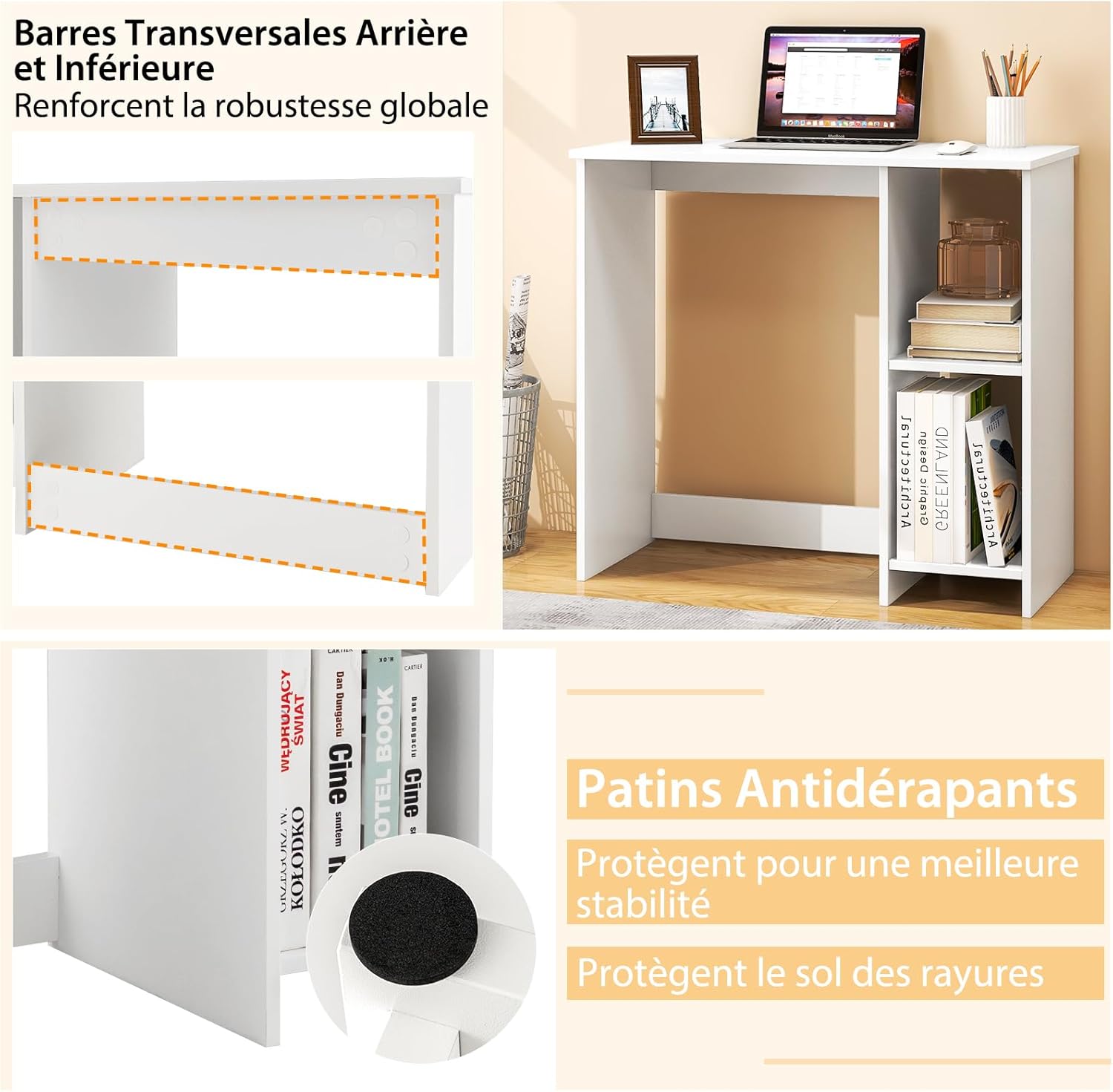 Thumbnail 5 de COSTWAY Bureau d'Ordinateur — Table de Travail compacte 80 cm, rangement à 2 niveaux, blanc