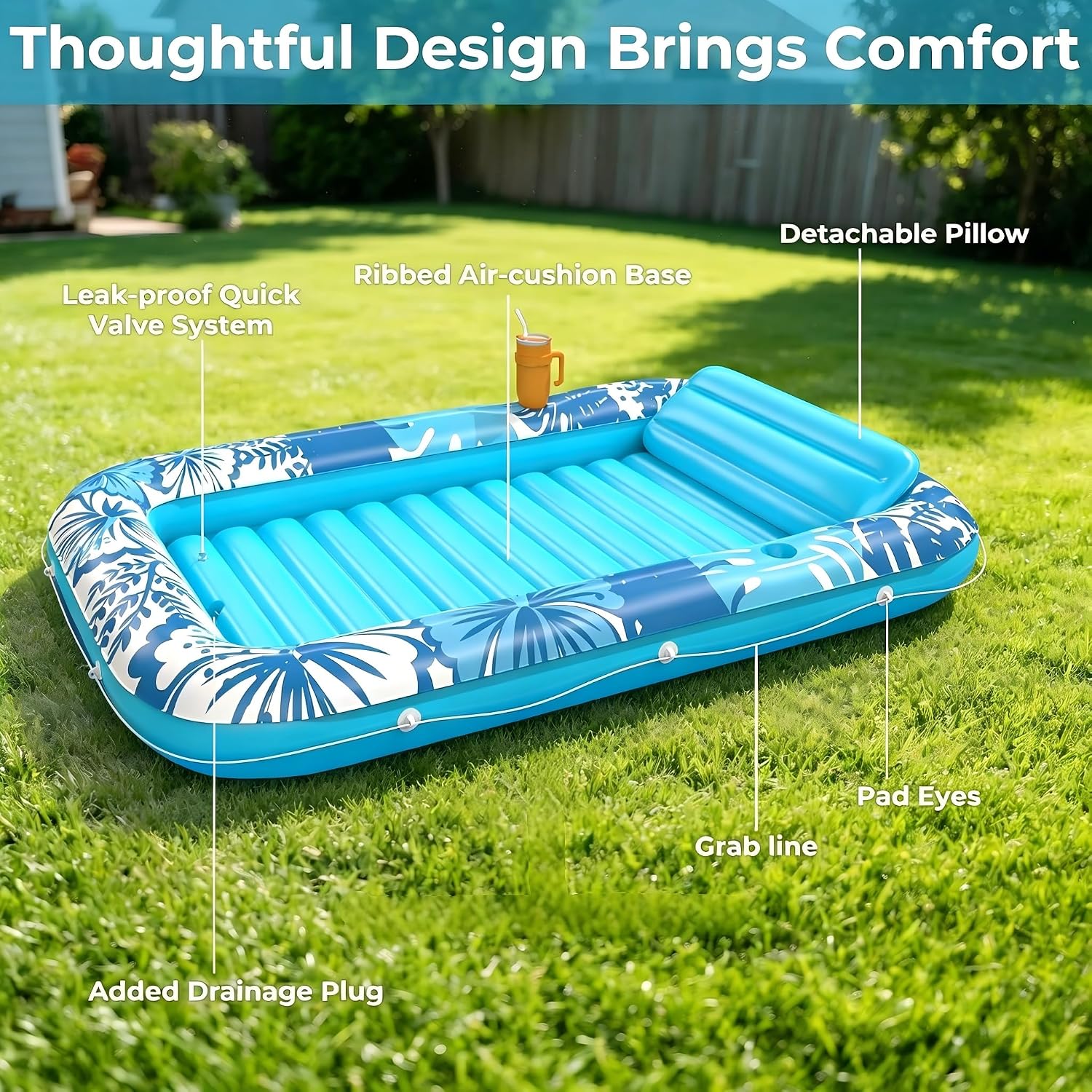 Detalle de Inflatable Tanning Pool Lounger Float, 70" x 46" with 6-in-1 Design and Pillow
