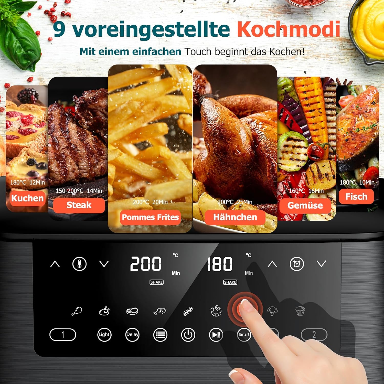 Detalle de Heißluftfritteuse Airfryer mit Sichtfenster 7,2 l – 11-in-1 XXL Air Fryer mit Warmhalten, Vorheizen & Timer