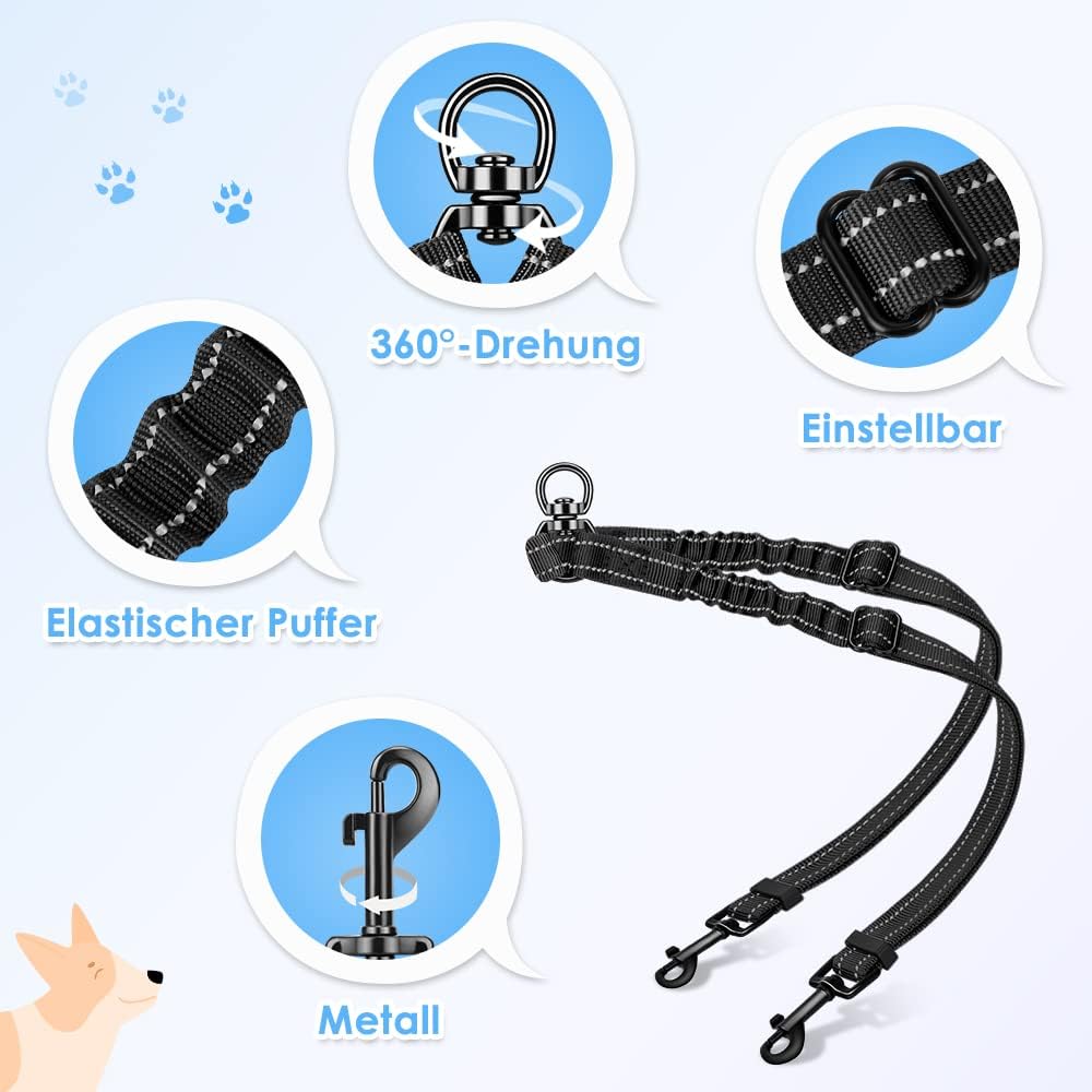 Detalle 2 de Nasjac Doppelte Hundeleine – 360° drehbarer Splitter, verstellbar, reflektierend, stoßdämpfend für Zwei Hunde