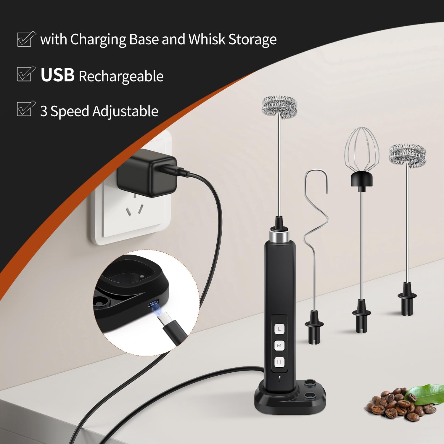 Detalle 2 de Rechargeable Milk Frother Handheld with 3 Detachable Stainless Whisks and Charging Base