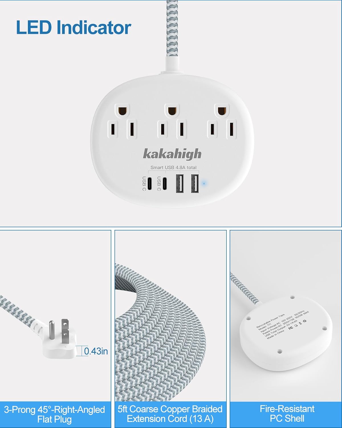 Detalle de kakahigh 771 Power Strip with 3 AC Outlets, 4 USB Ports and USB-C