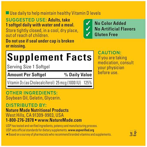 Detalle 2 de Nature Made Vitamin D3 1000 IU Softgels — 300-Count (25 mcg) for Immune, Bone, Teeth & Muscle Support