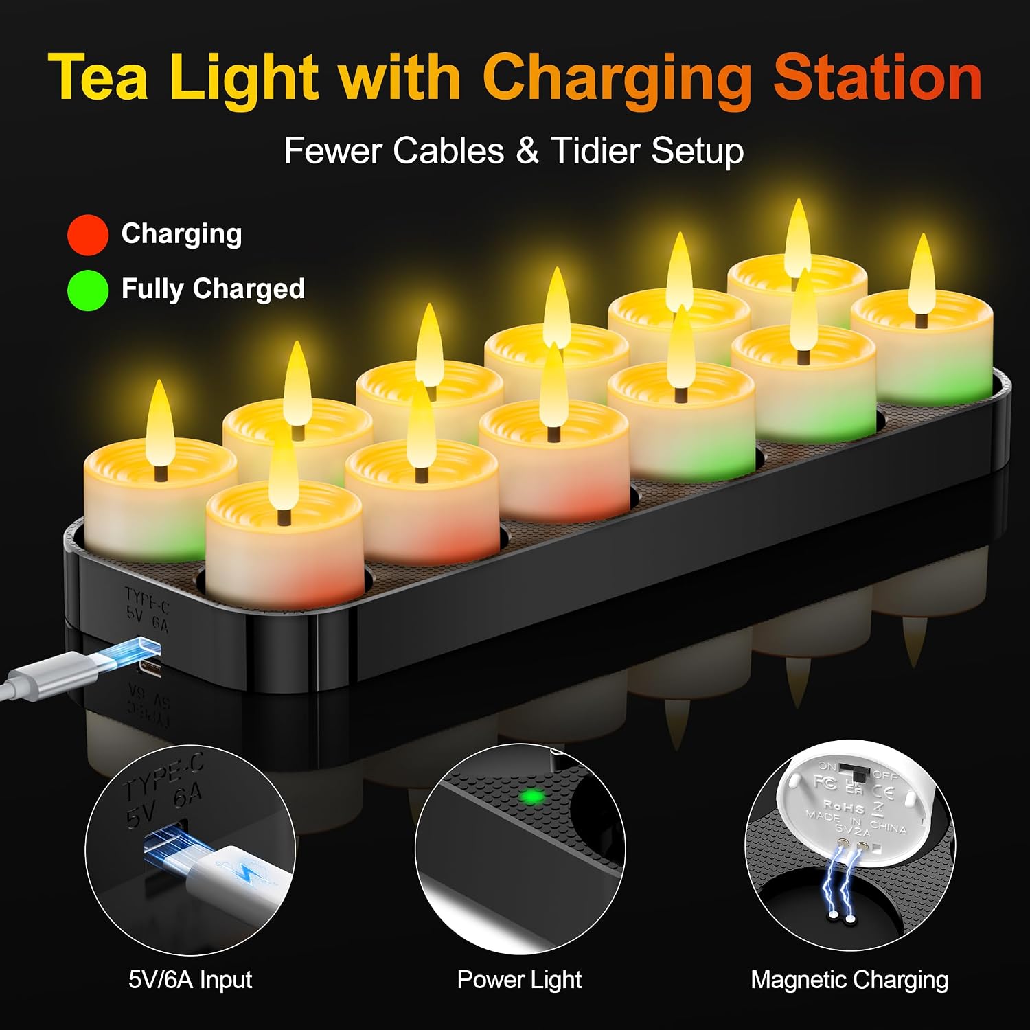 Detalle 2 de YiaMia LZ040-4 Rechargeable LED Tea Lights, 12-Pack with Remote and Timer