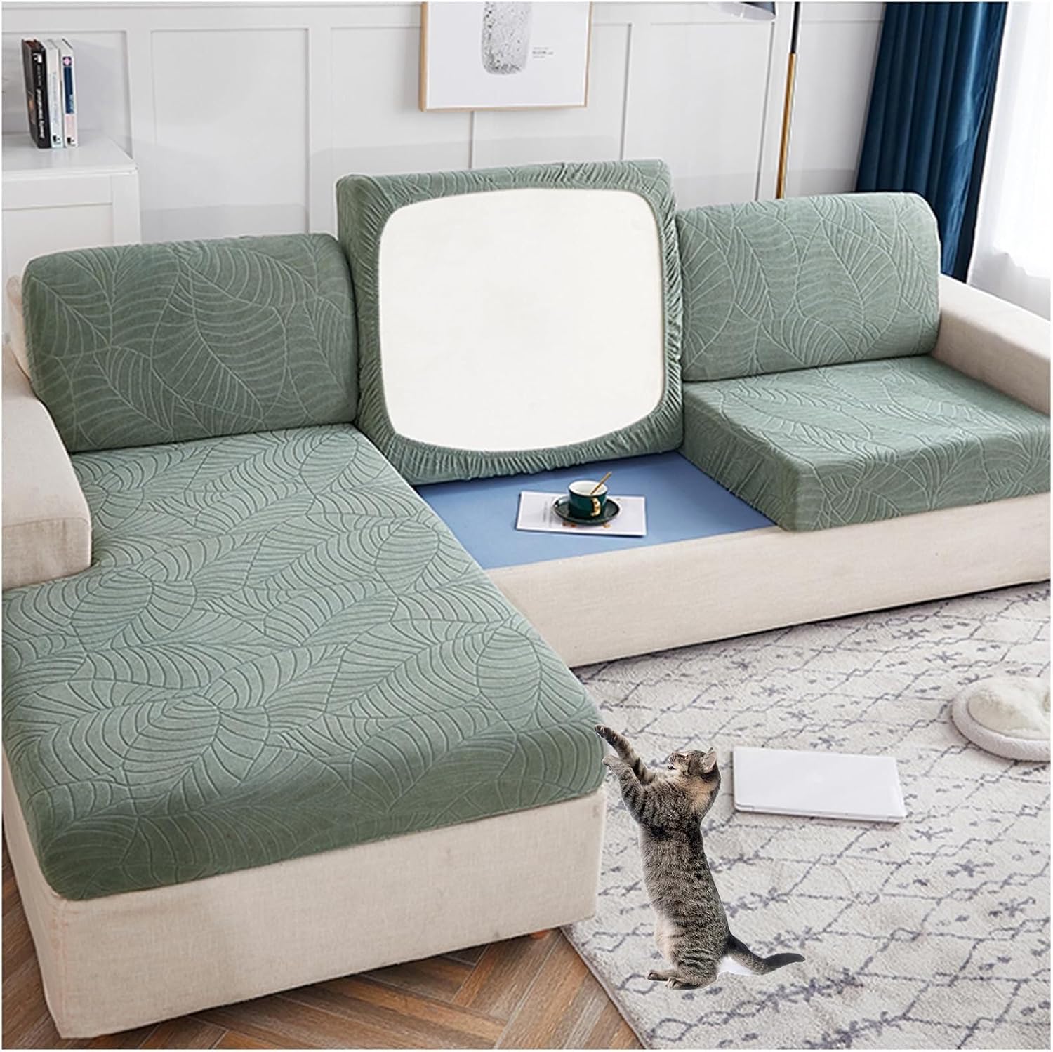 Detalle de YUMEIGE boqu Couch Covers soffkuddsöverdrag, gräsgrönt för 2-sitsdyna
