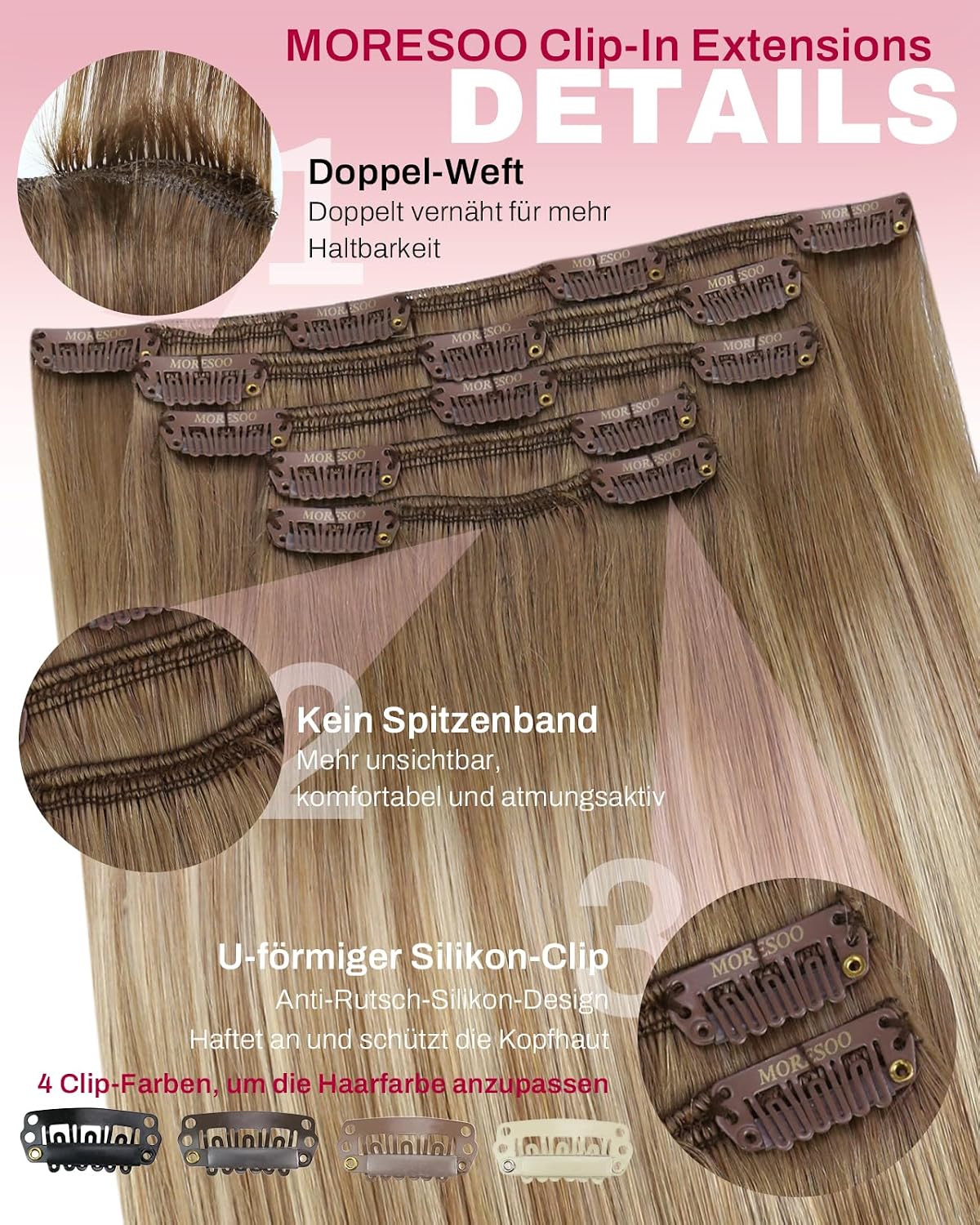 Detalle de Moresoo Clip-in Echthaar Extensions: Wurzelbraun zu Hellbraun mit Platinblond, 50 cm – 5 Stück, 80 g