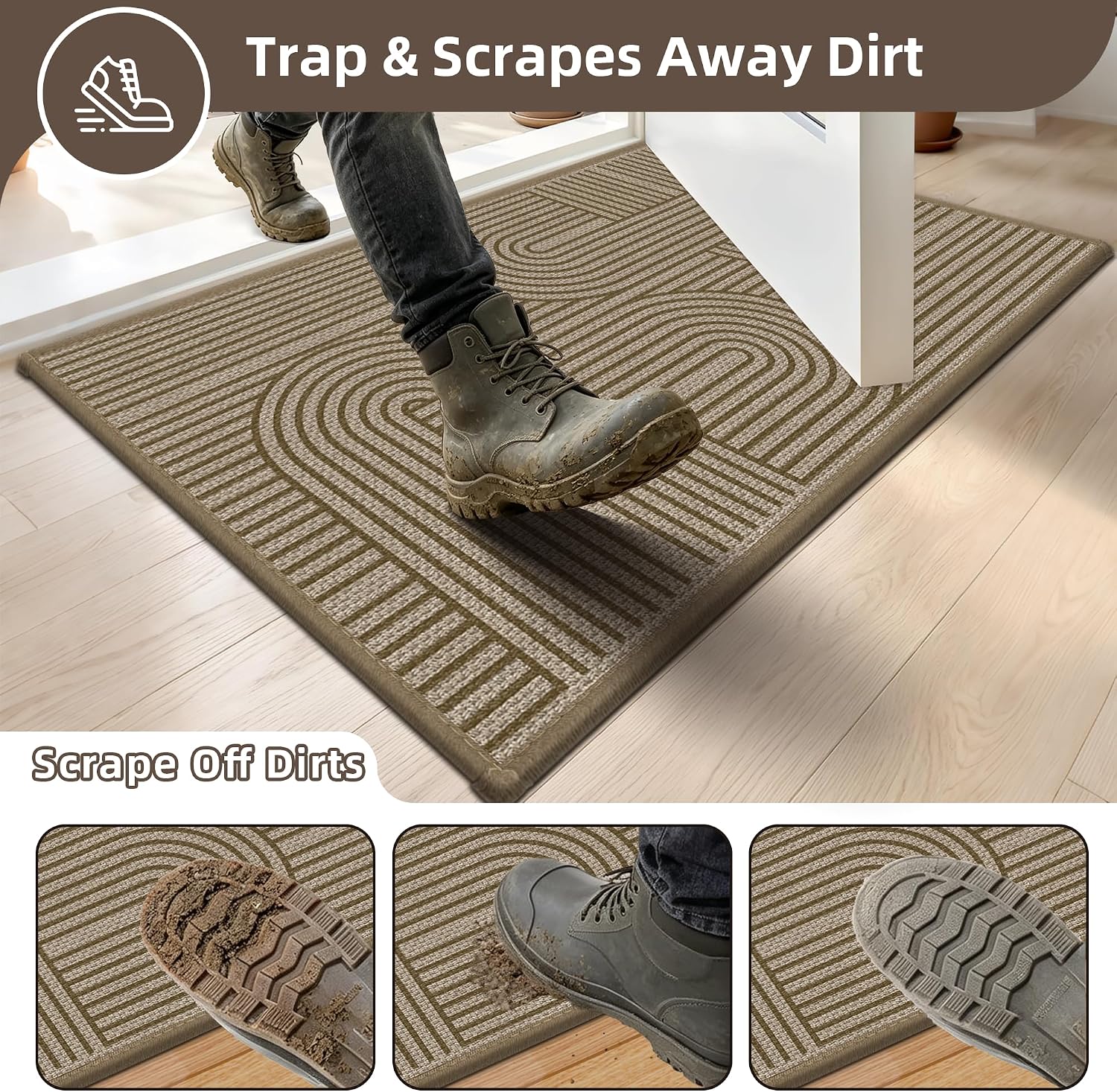 Detalle de Vroas Front Door Mat, 36" x 59" Low-Profile Absorbent Brown Doormat