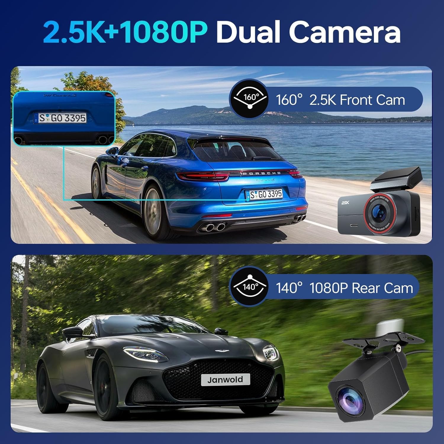 Thumbnail 1 de Dash Cam Front and Rear, 2.5K QHD Dual Dash Camera for Cars – Night Vision, 160° Wide, 64GB Included
