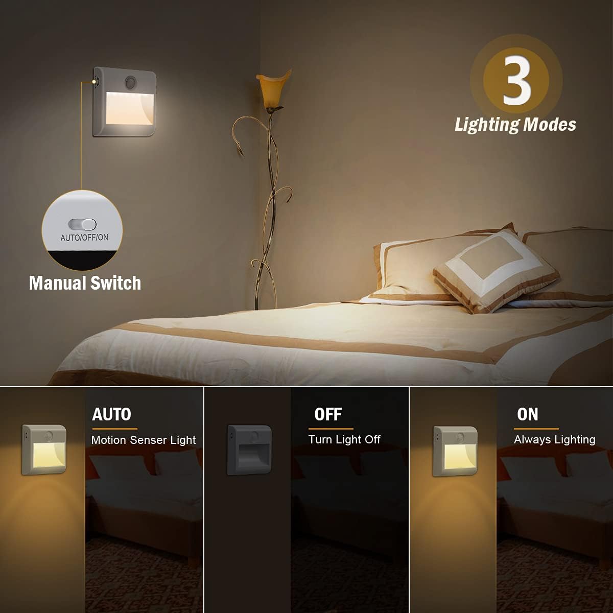 Thumbnail 4 de Batteriebetriebenes Nachtlicht mit Bewegungsmelder (2er-Set) – 3 Modi AUTO/AUS/EIN, natürliches Weiß