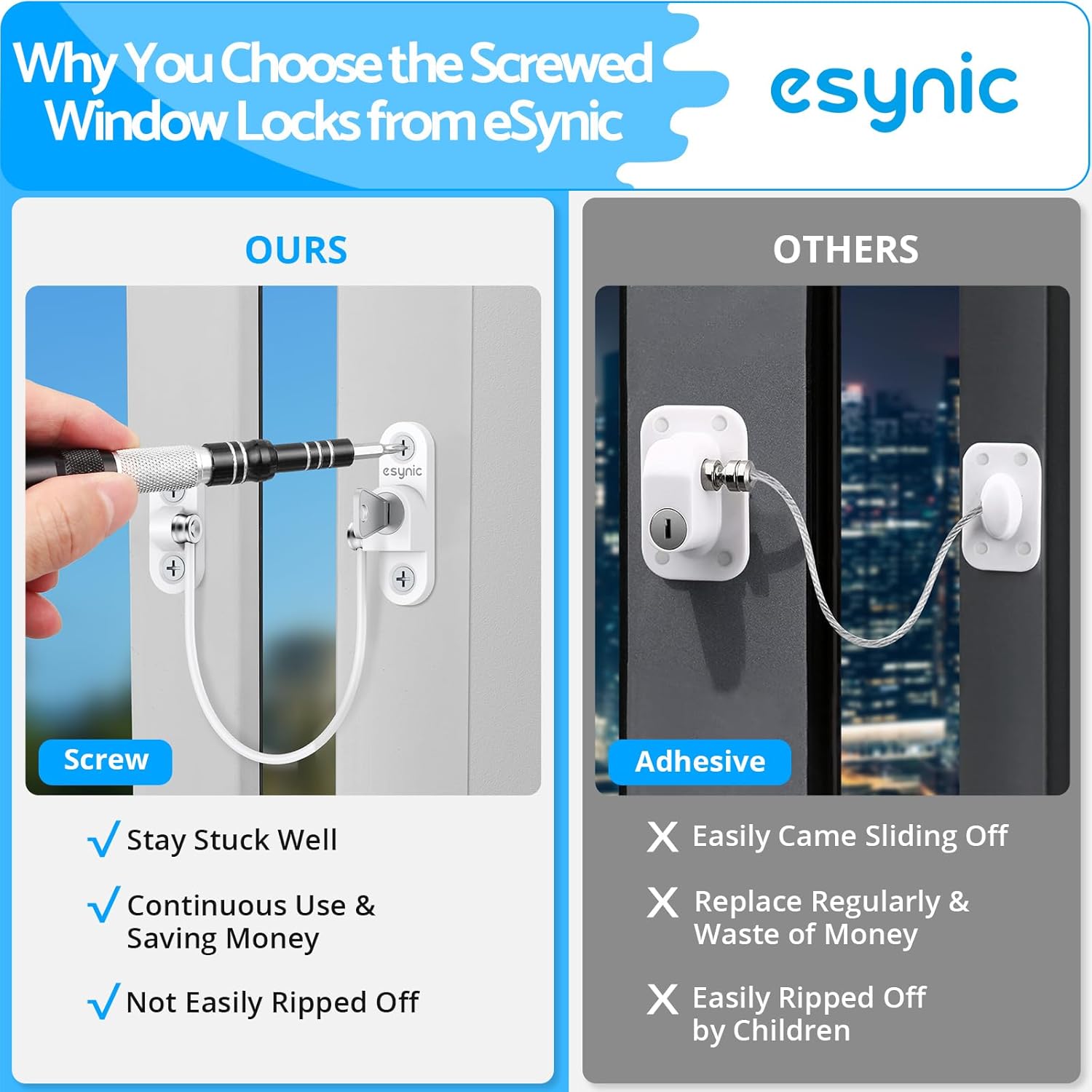 Thumbnail 4 de eSynic 8 Pack Solid Window Locks for Child Safety (Zinc Alloy & Stainless Steel) – Key-Operated Window Restrictors