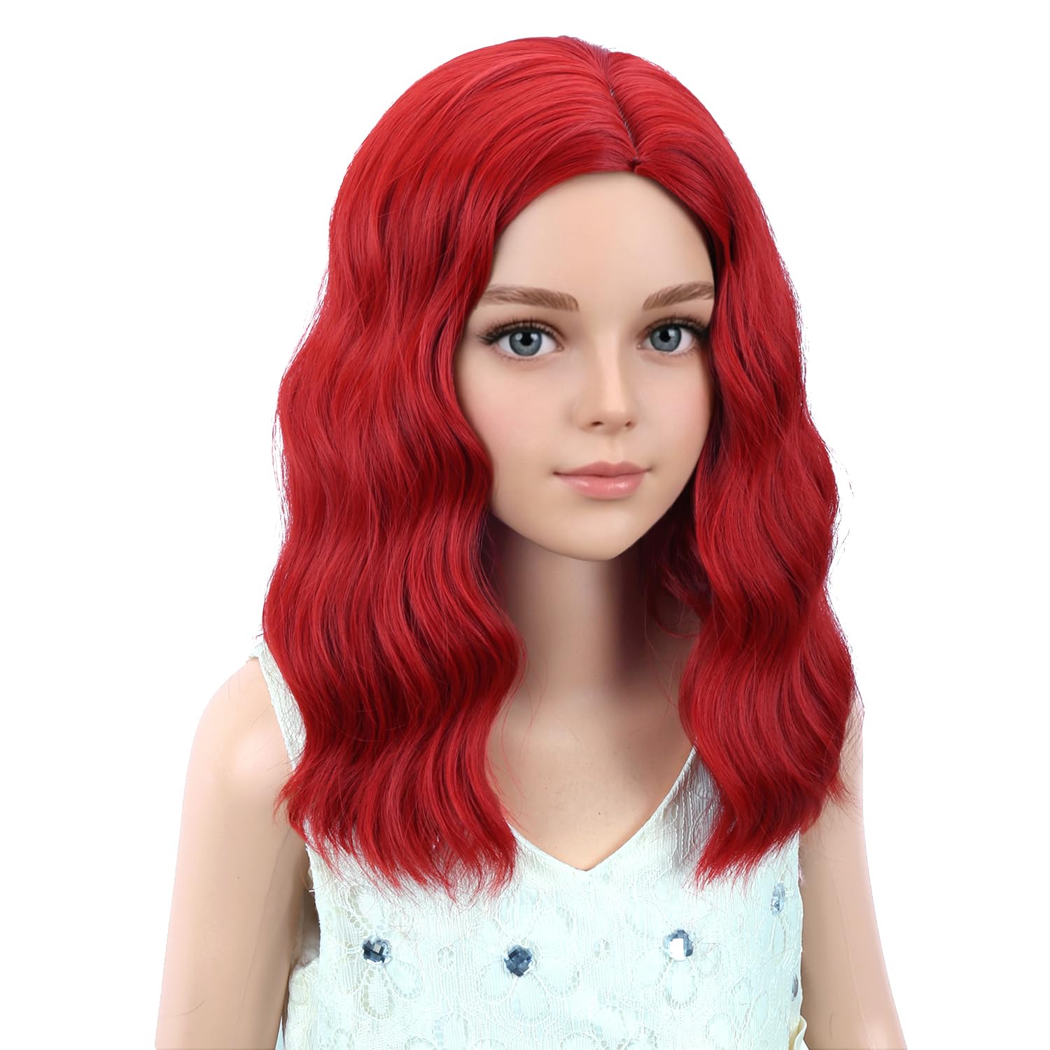 Detalle de PATTNIUM Red Short Wavy Synthetic Wig for Kids, Adjustable Cap