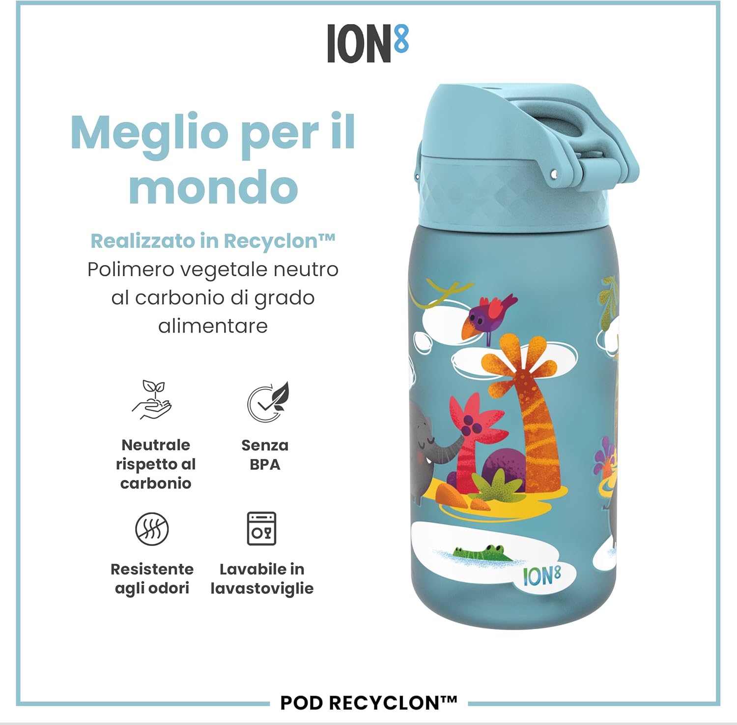 Detalle de Ion8 Borraccia per Bambini 350 ml Safari – a prova di perdite, facile da aprire e senza BPA