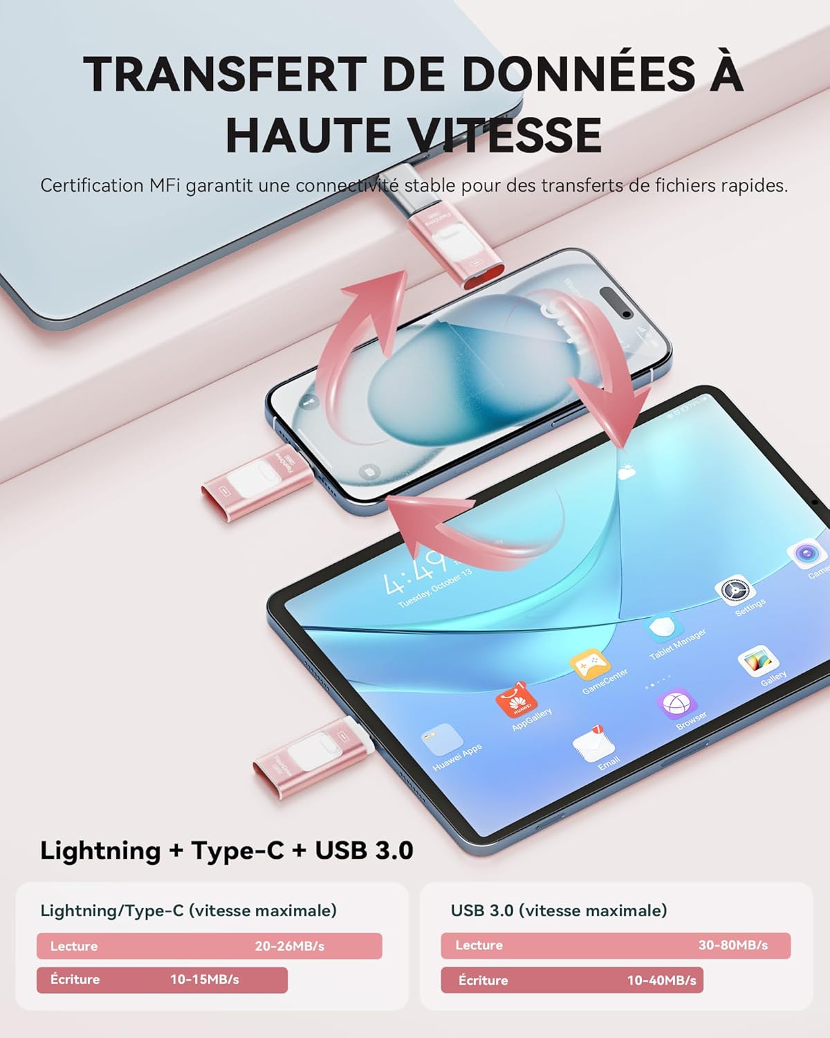 Thumbnail 2 de ROSPE Cle USB iPhone 128 Go, clé 3‑en‑1 pour iPhone/iPad/Type‑C